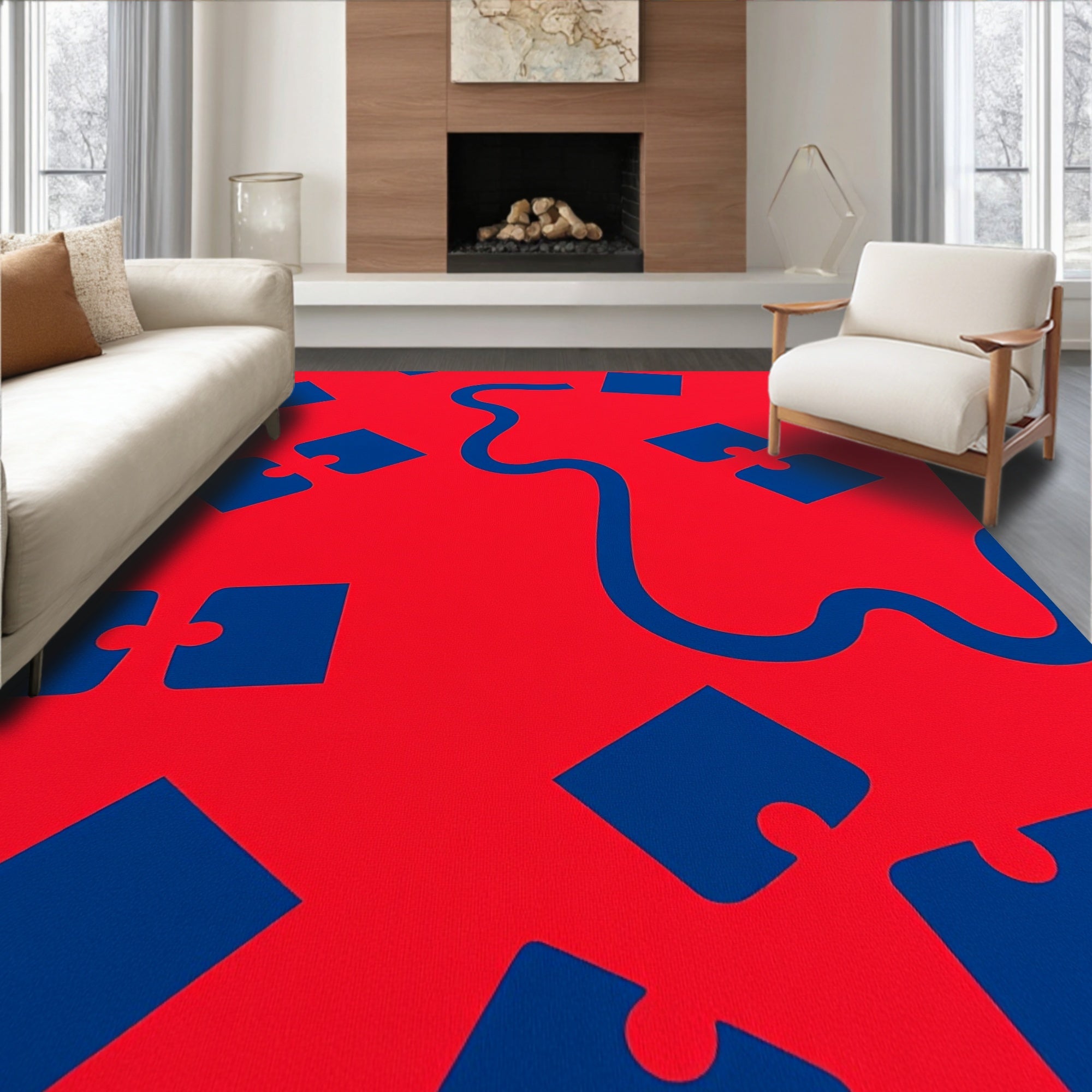 Crimson Blue Puzzle Piece Whimsy Rug