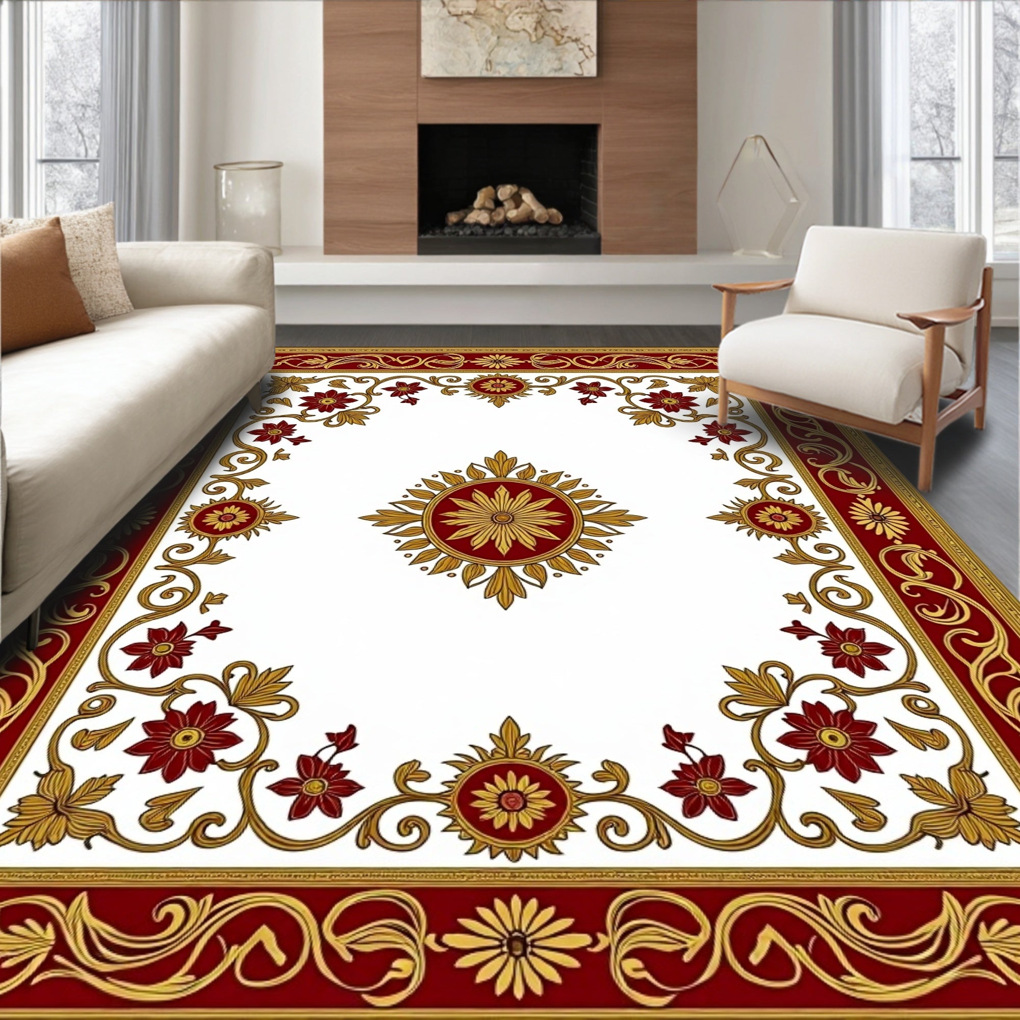 Crimson Gold Floral Medallion Border Rug