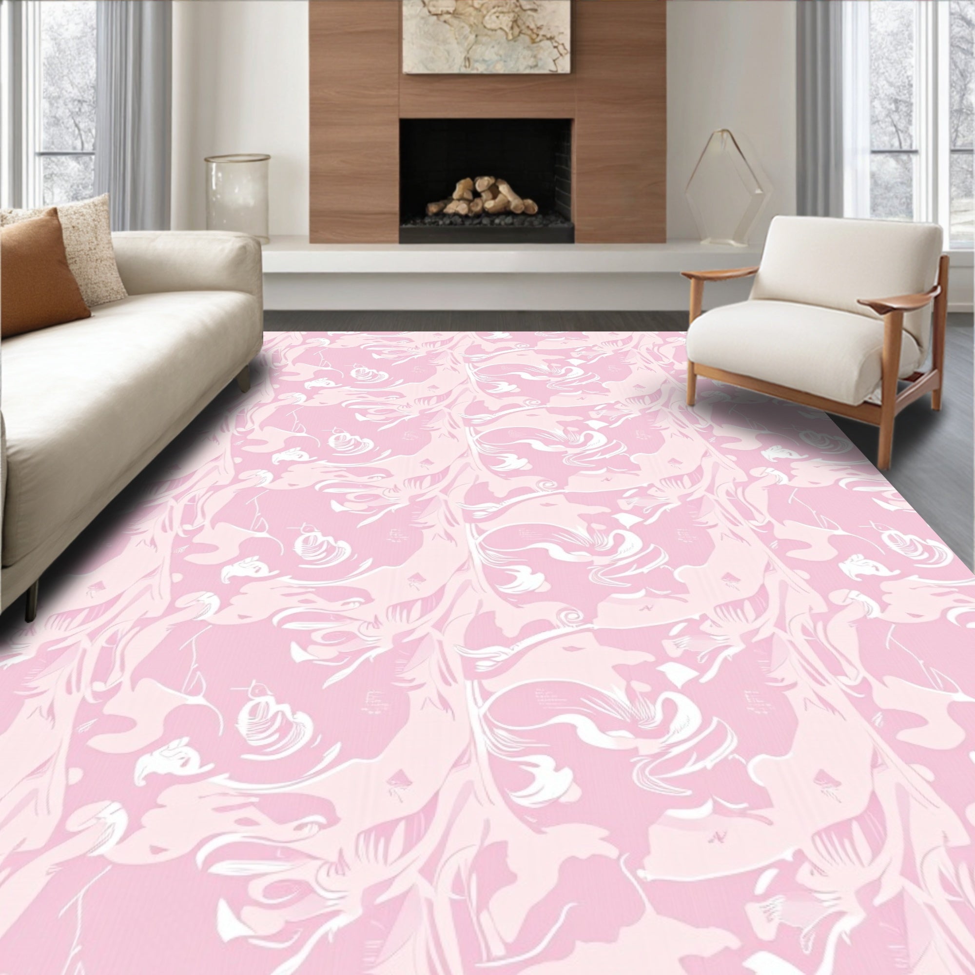Tender Pink Floral Swirl Composition Rug