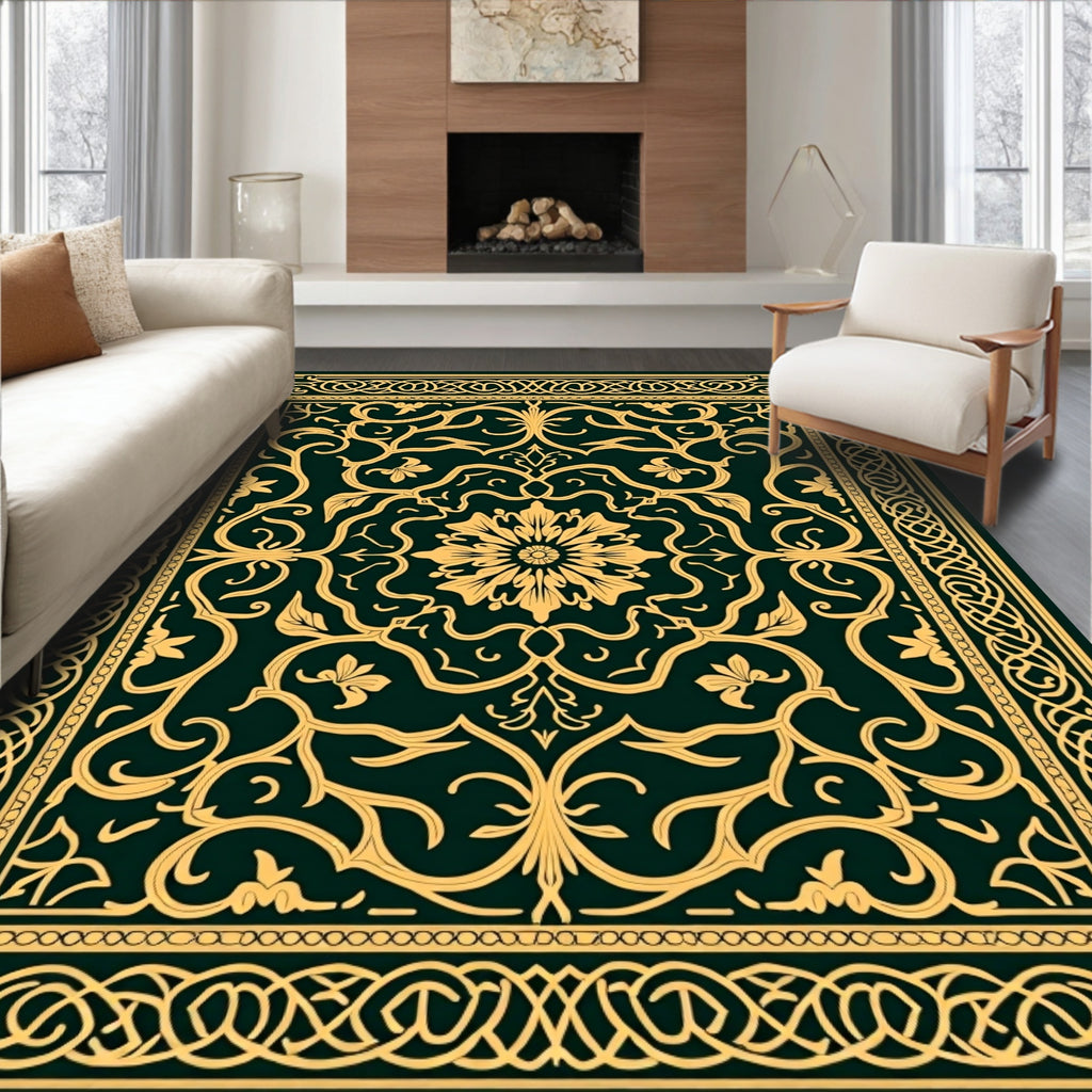 Ornate Gold Floral Medallion Emerald Rug