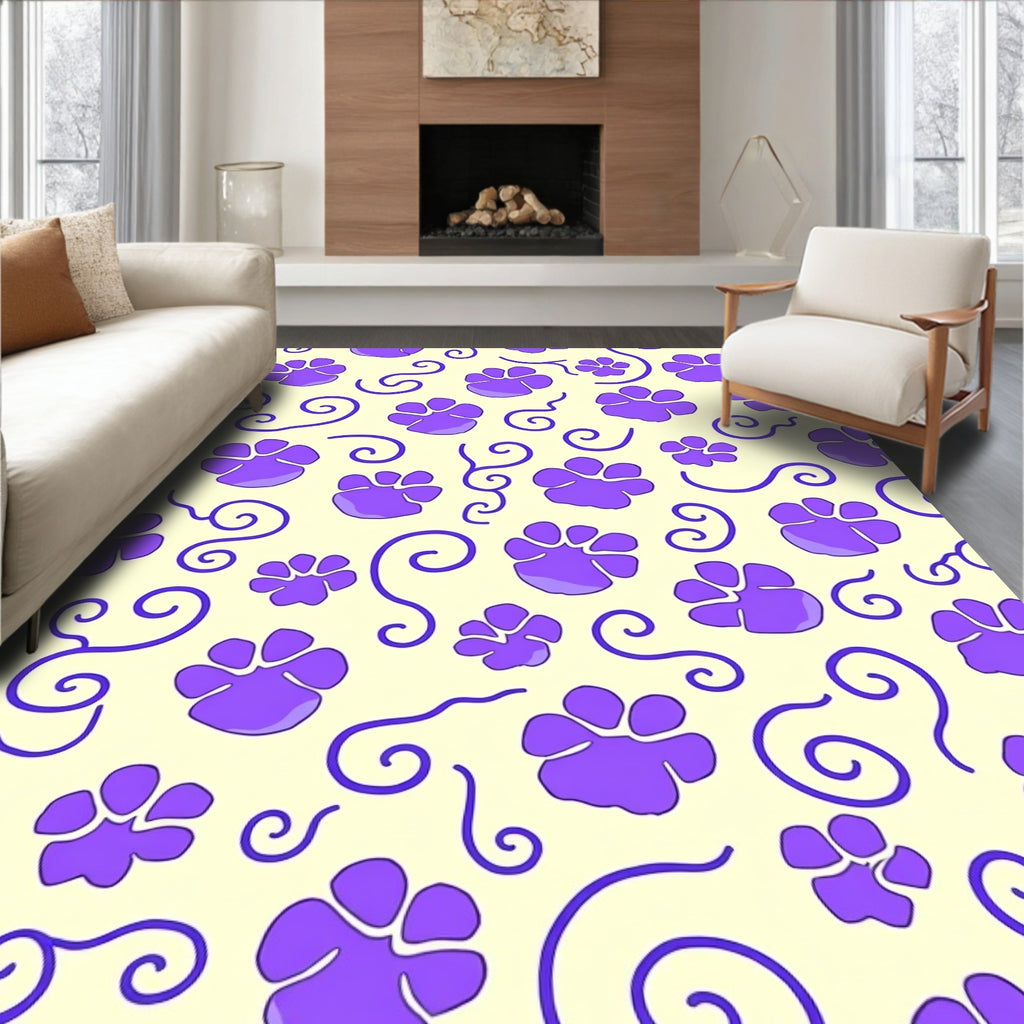 Purple Paw Prints Swirls Cream Background Rug