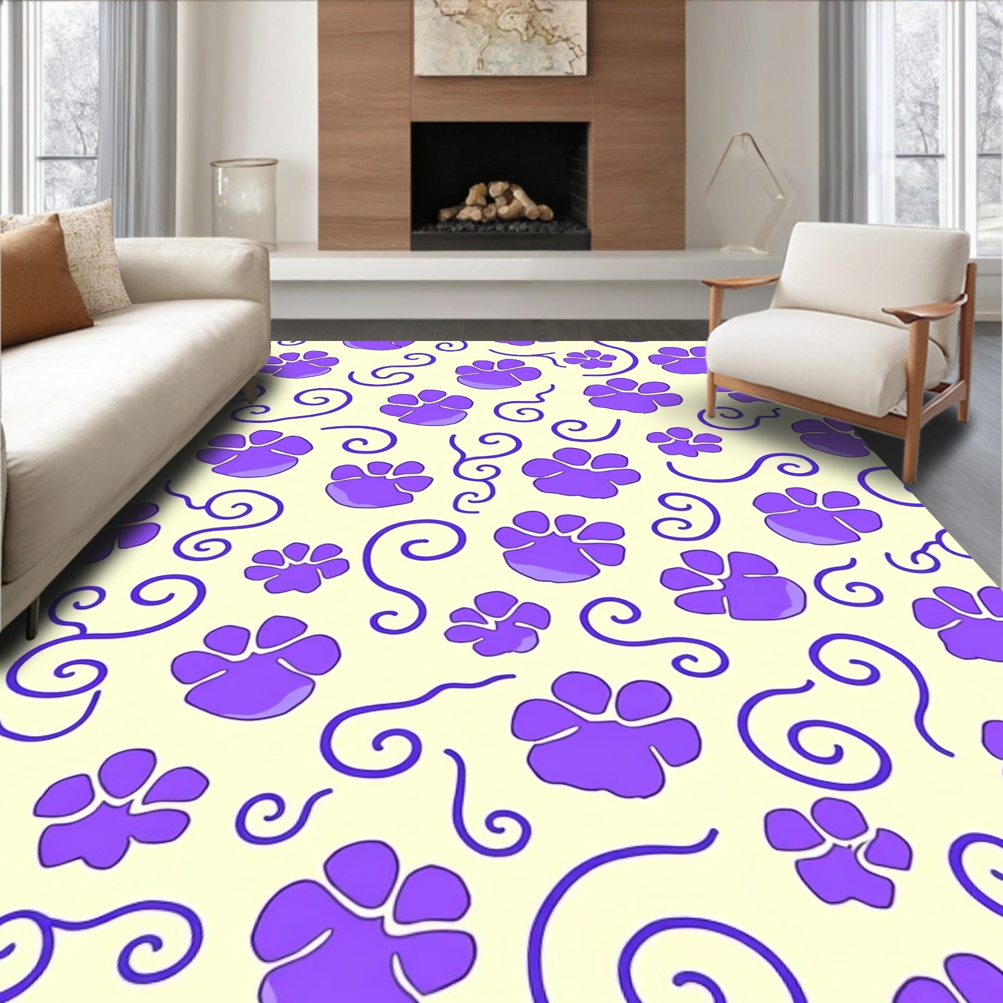 Purple Paw Prints Swirls Cream Background Rug