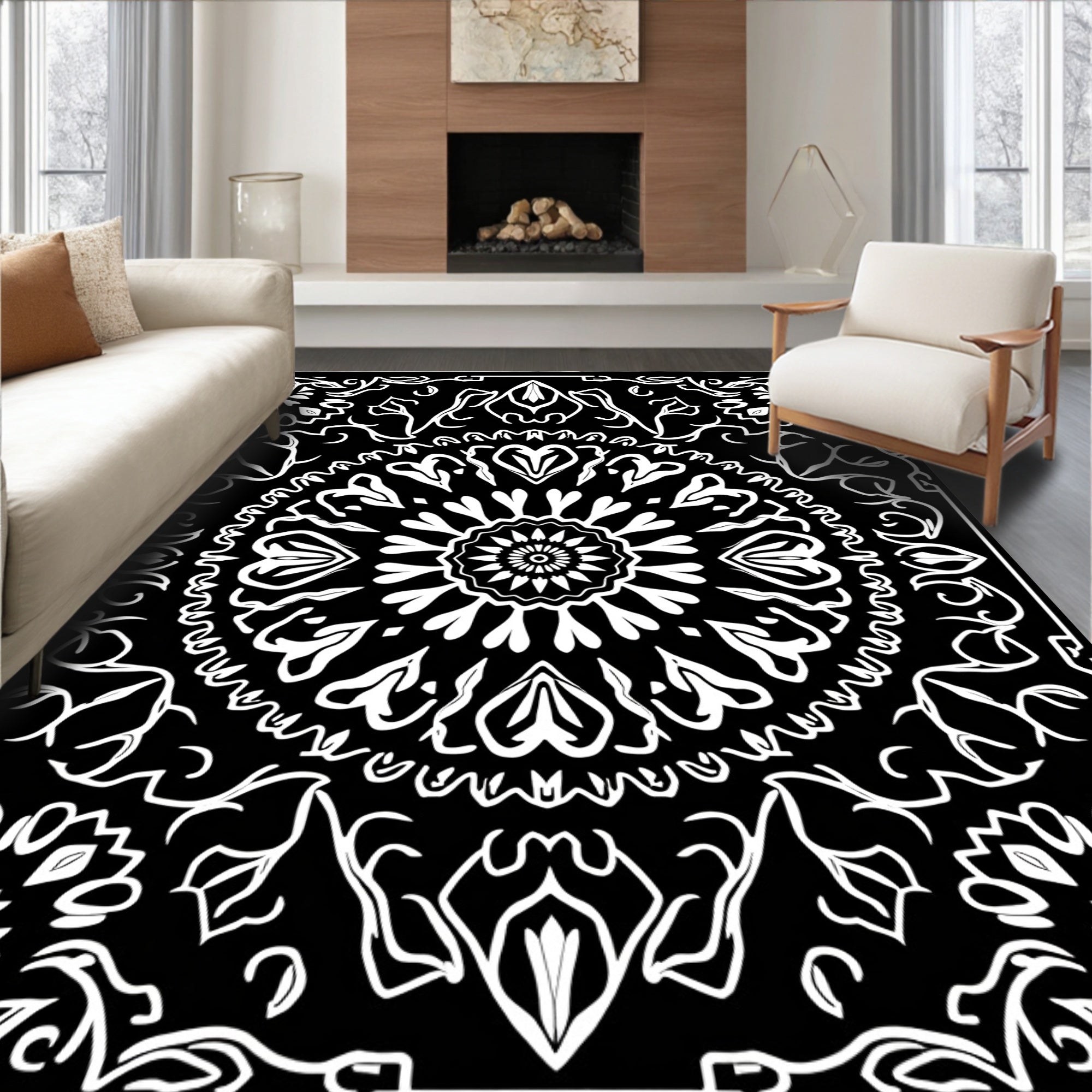 Black White Floral Mandala Symmetry Rug