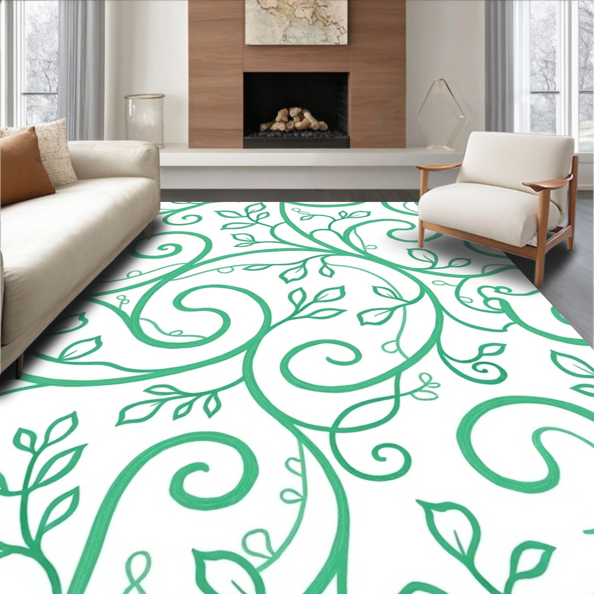 Emerald Vine Swirls Botanical Rug