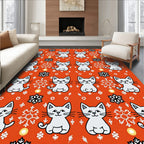 Whimsical White Kittens Snowflakes Orange Rug