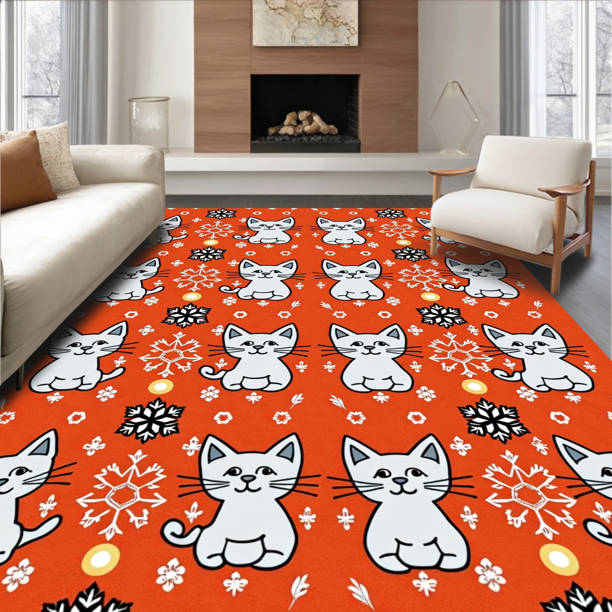 Whimsical White Kittens Snowflakes Orange Rug