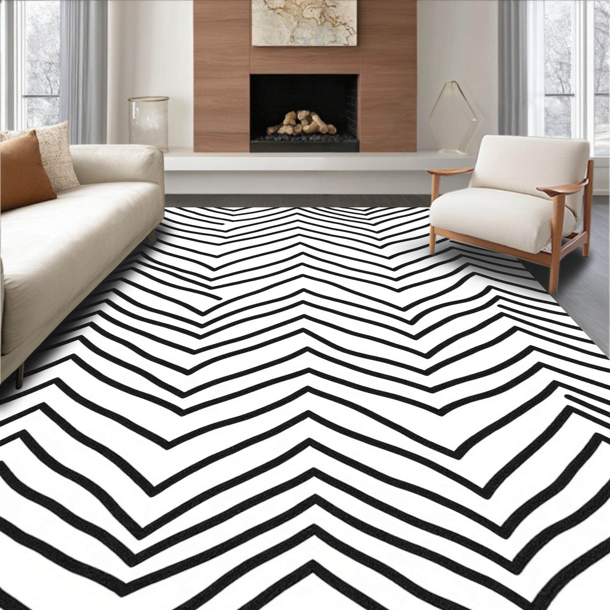 Muted Black Hand Drawn Chevron Stripes Rug