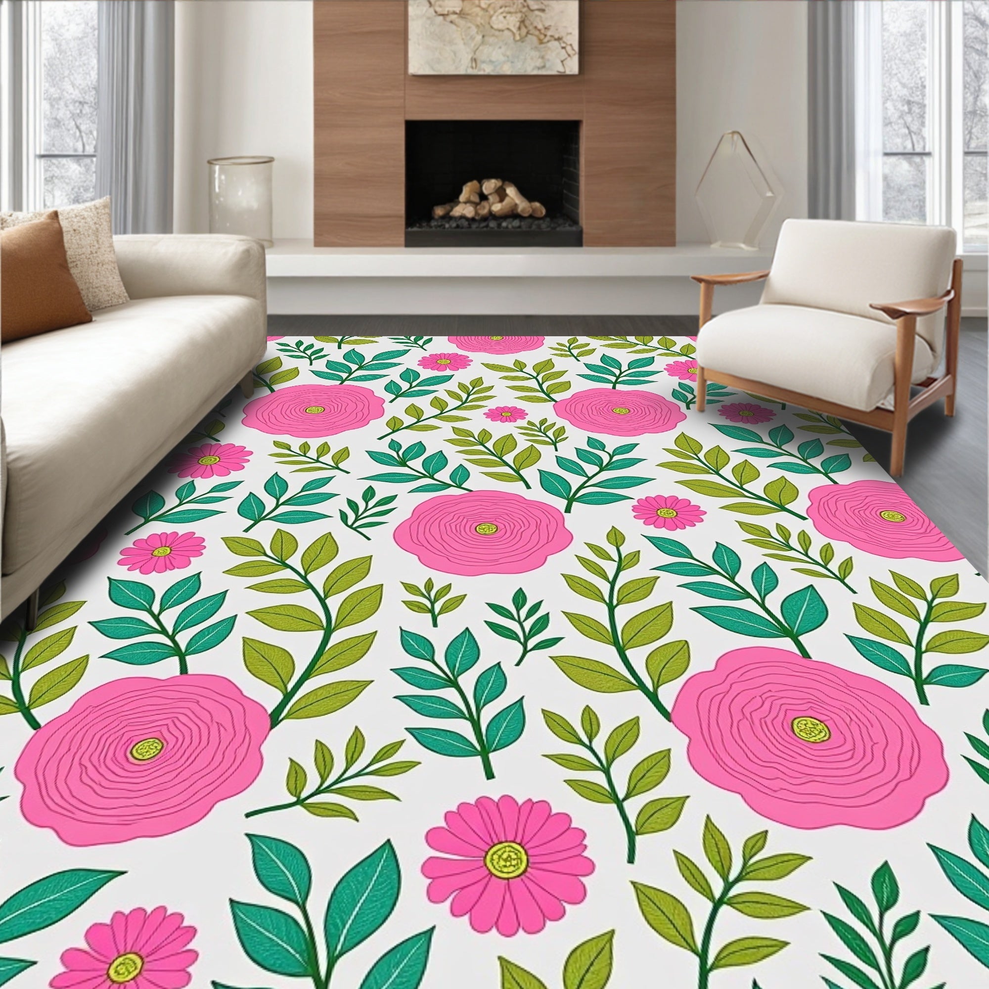 Whimsical Pink Blossom Leaf Medley Rug