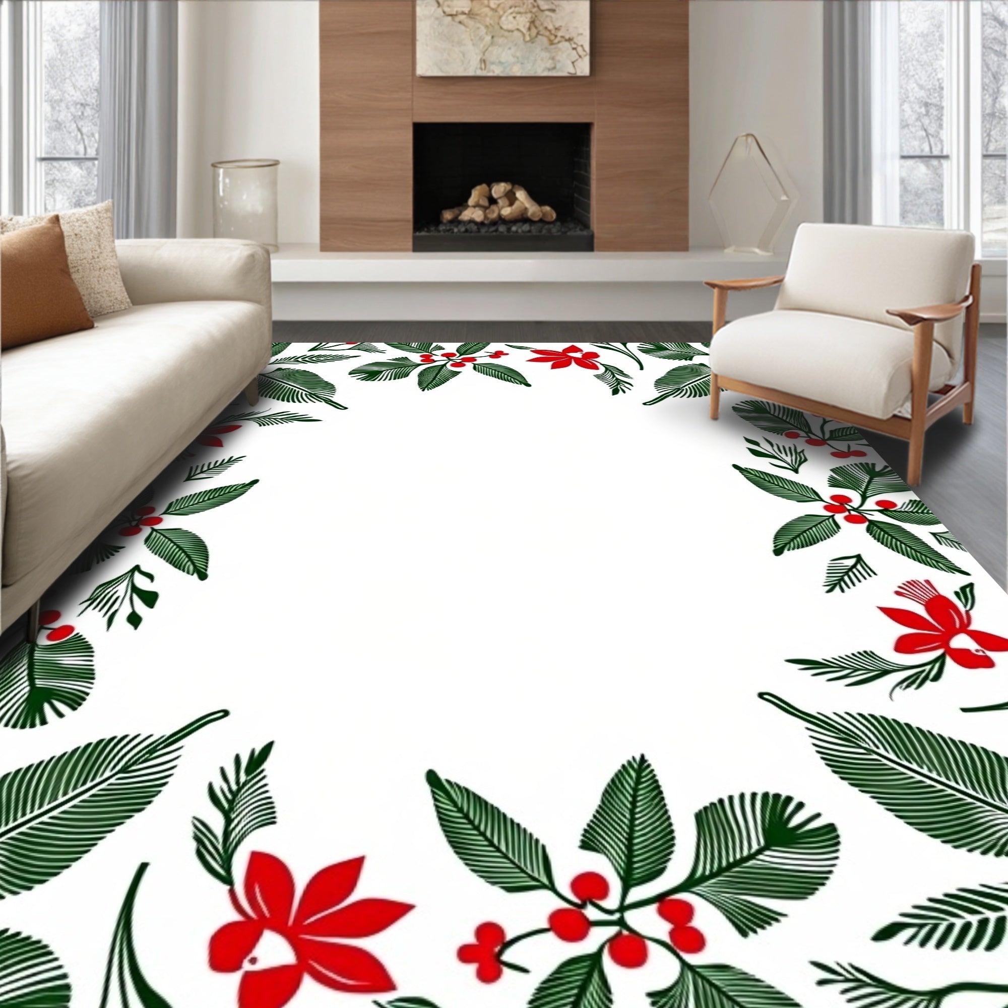 Festive Red Berry Leaf Border Rug