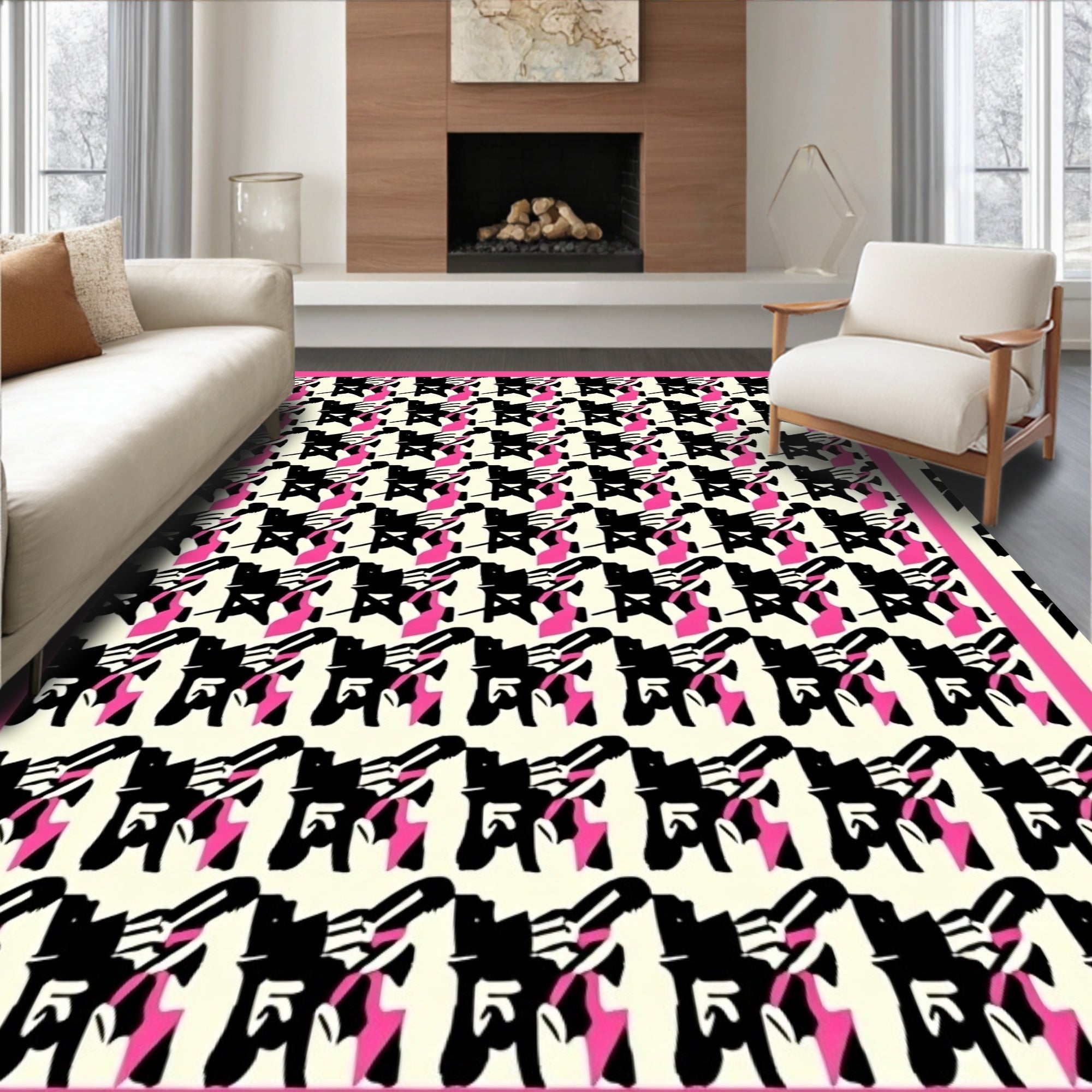 Bold Black Pink Abstract Chairs Rug