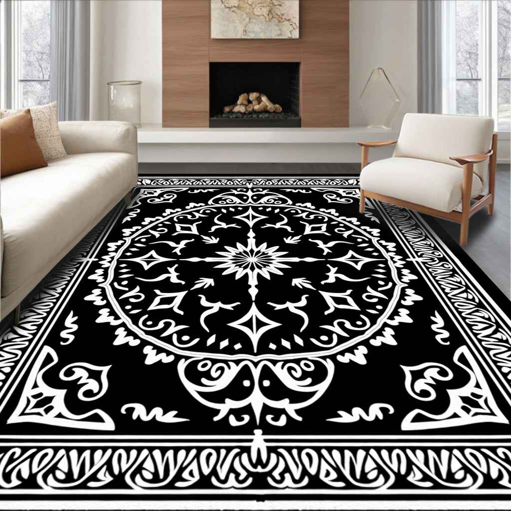 Ancient Black White Floral Medallion Rug