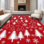 Crimson White Christmas Trees Snowflakes Rug