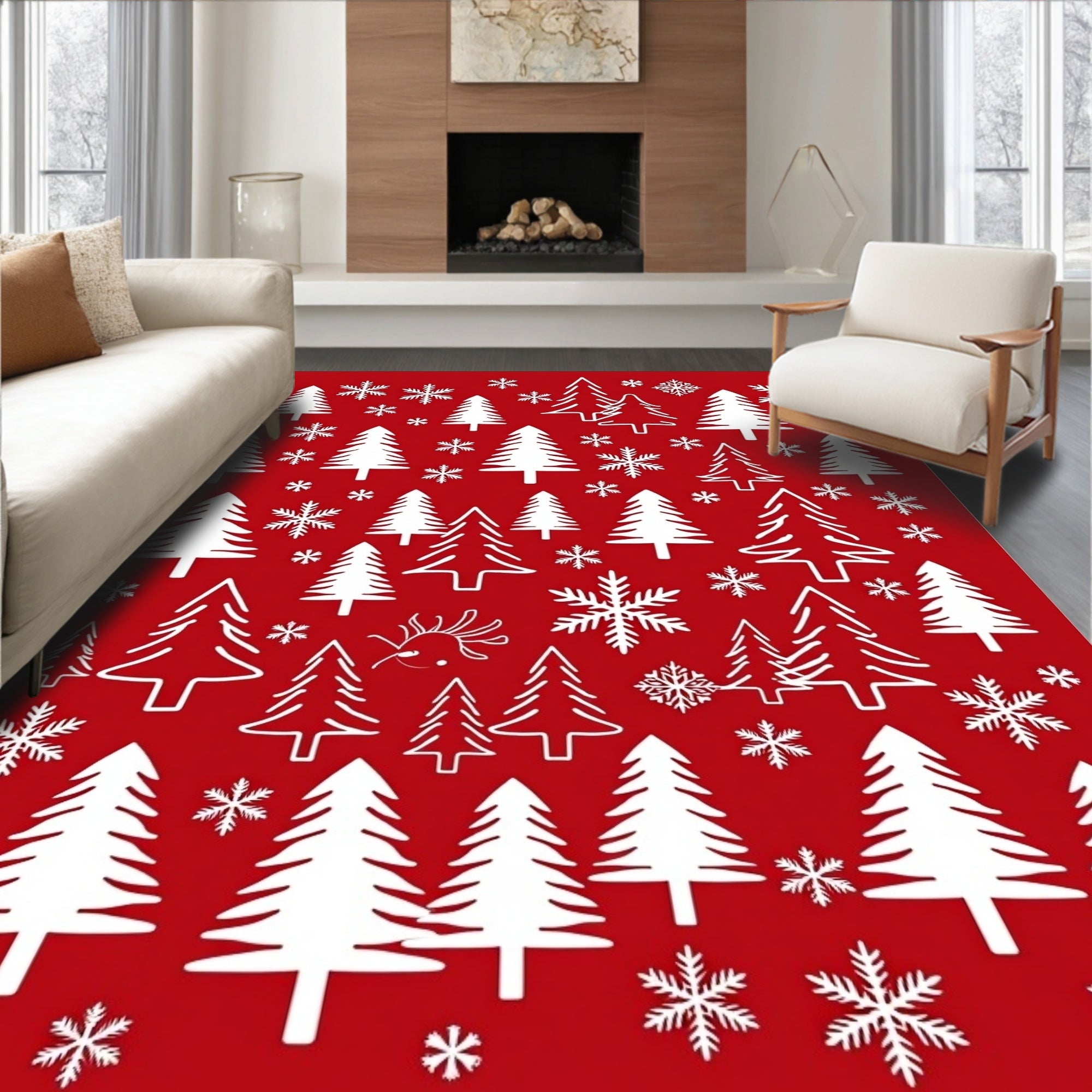 Crimson White Christmas Trees Snowflakes Rug