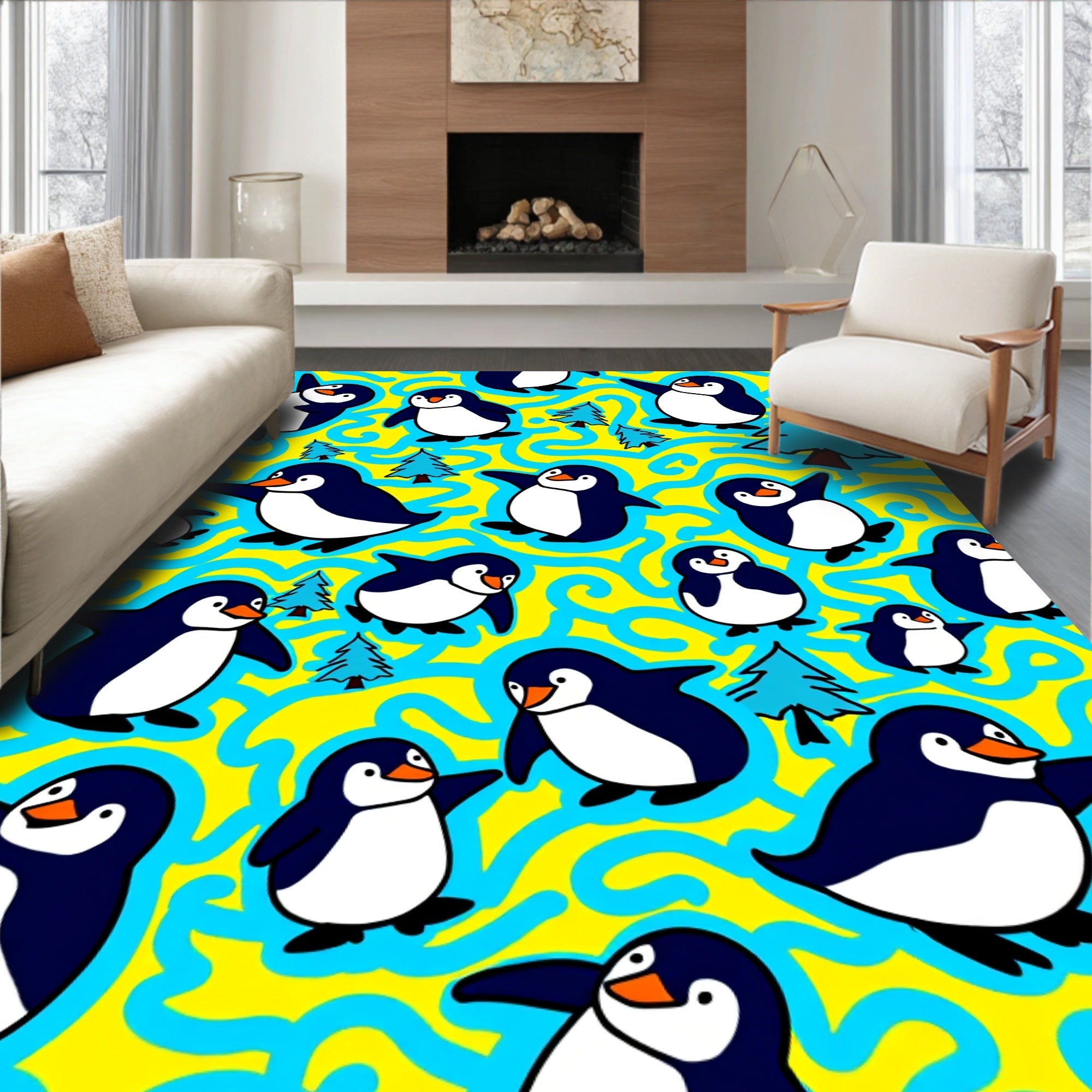 Whimsical Yellow Penguin Swirl Rug