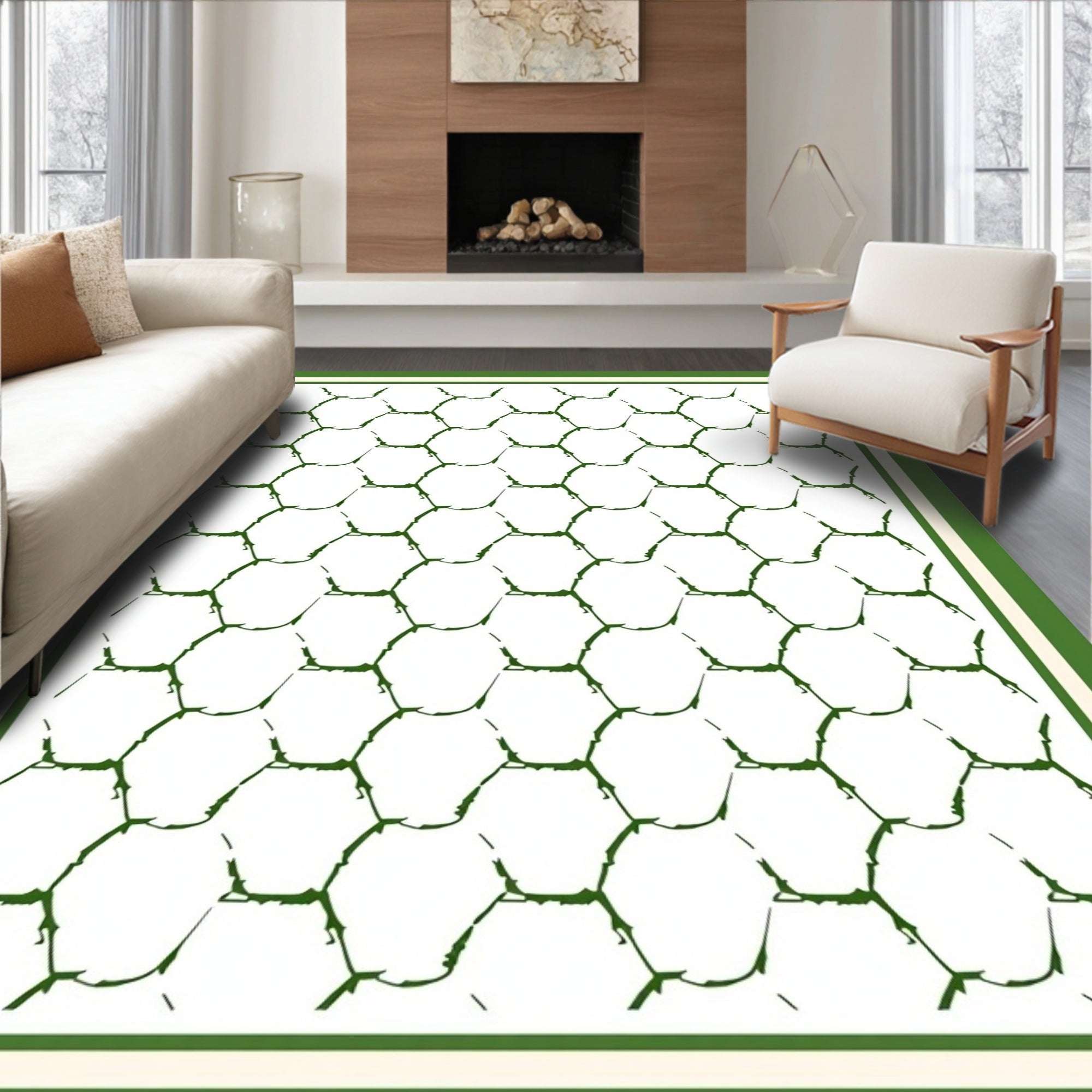 Green Textured Hexagon Grid Rug