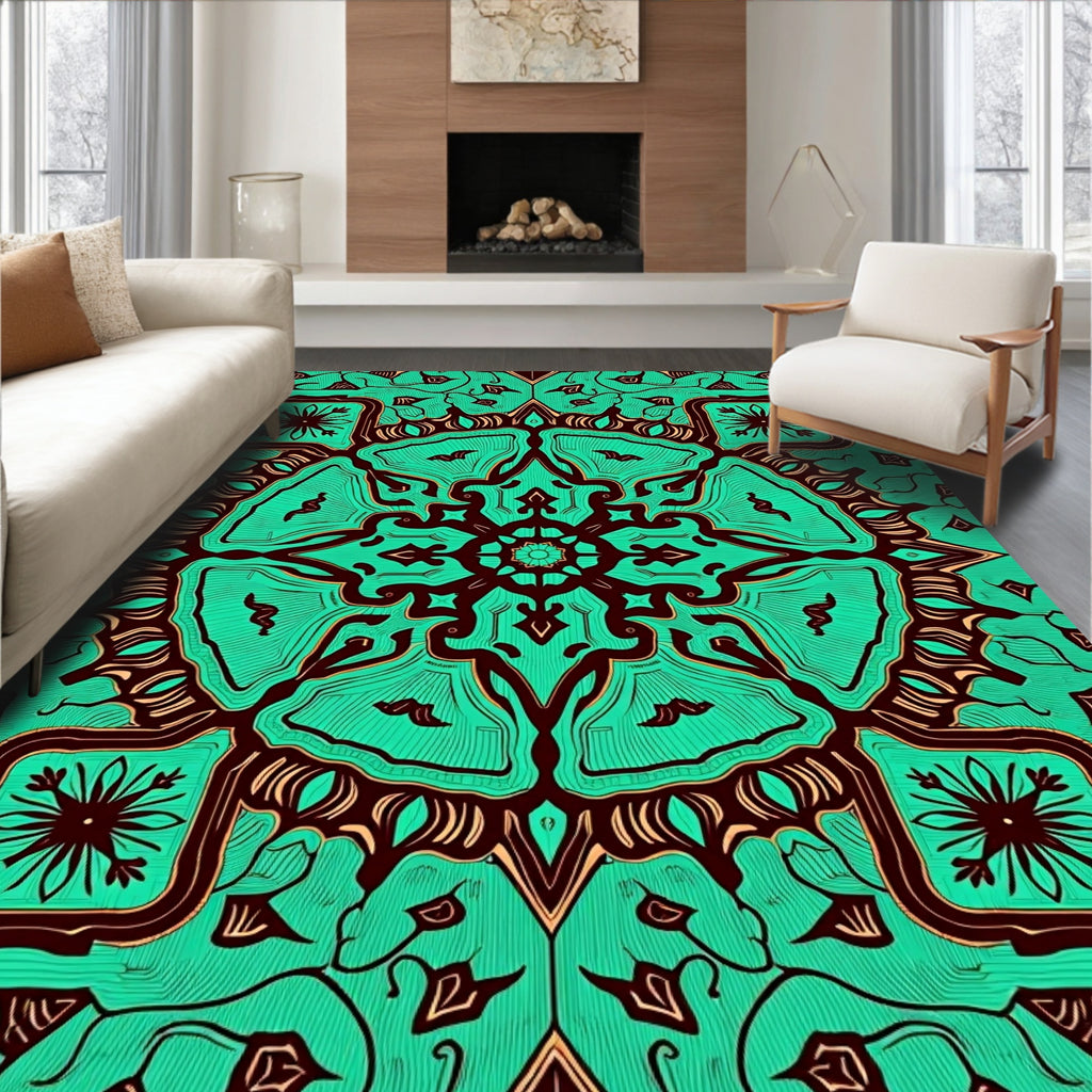 Teal and Brown Intricate Mandala Rug