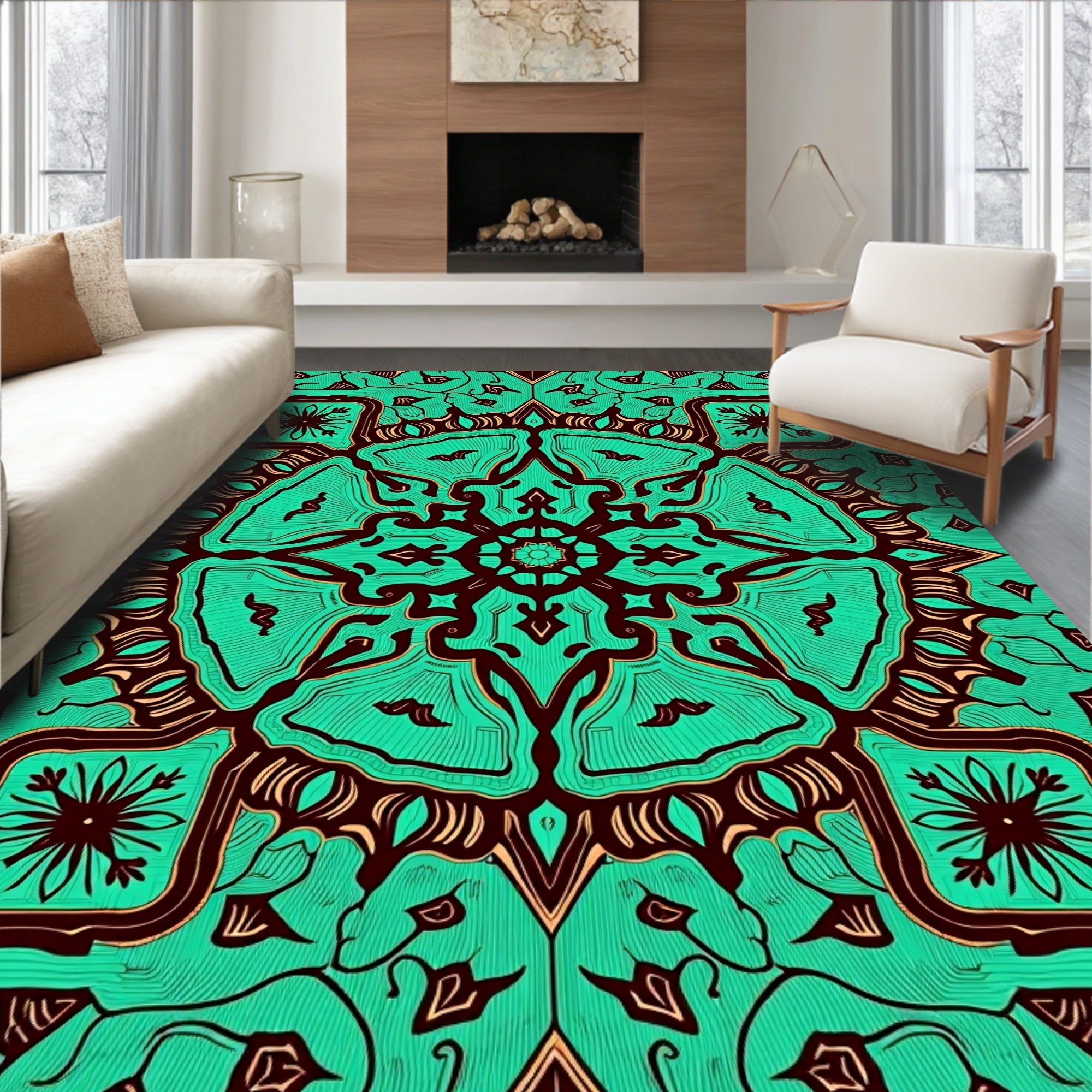 Teal and Brown Intricate Mandala Rug