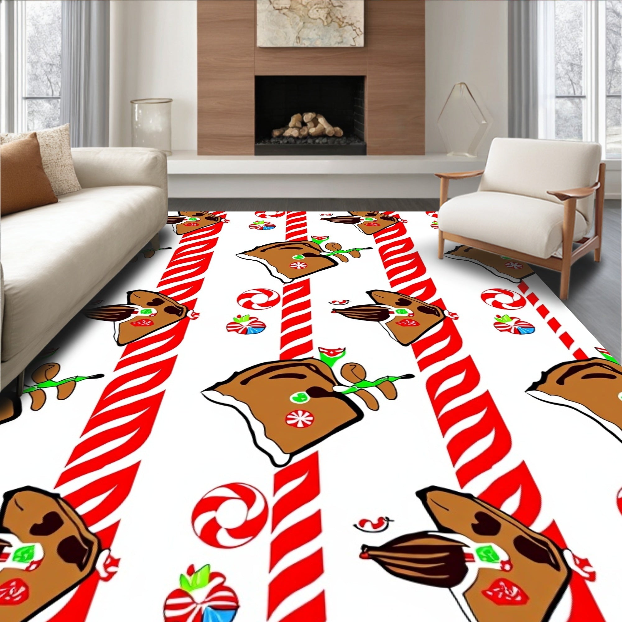 Whimsical Gingerbread Reindeer Candy Cane Stripe Rug