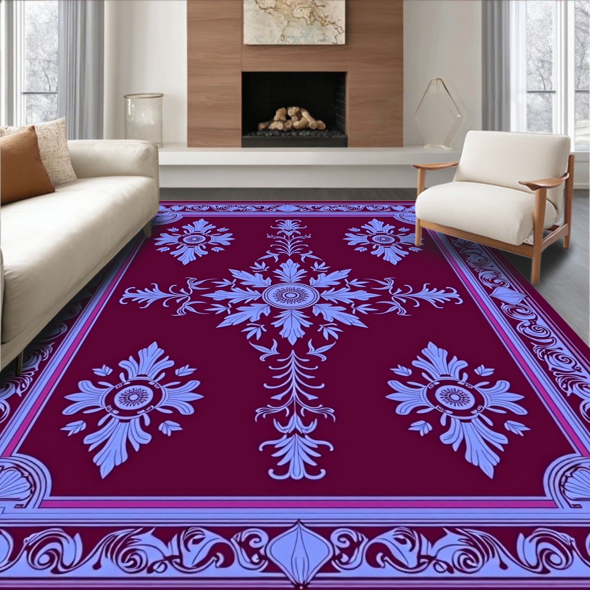 Burgundy Blue Floral Medallion Frame Rug