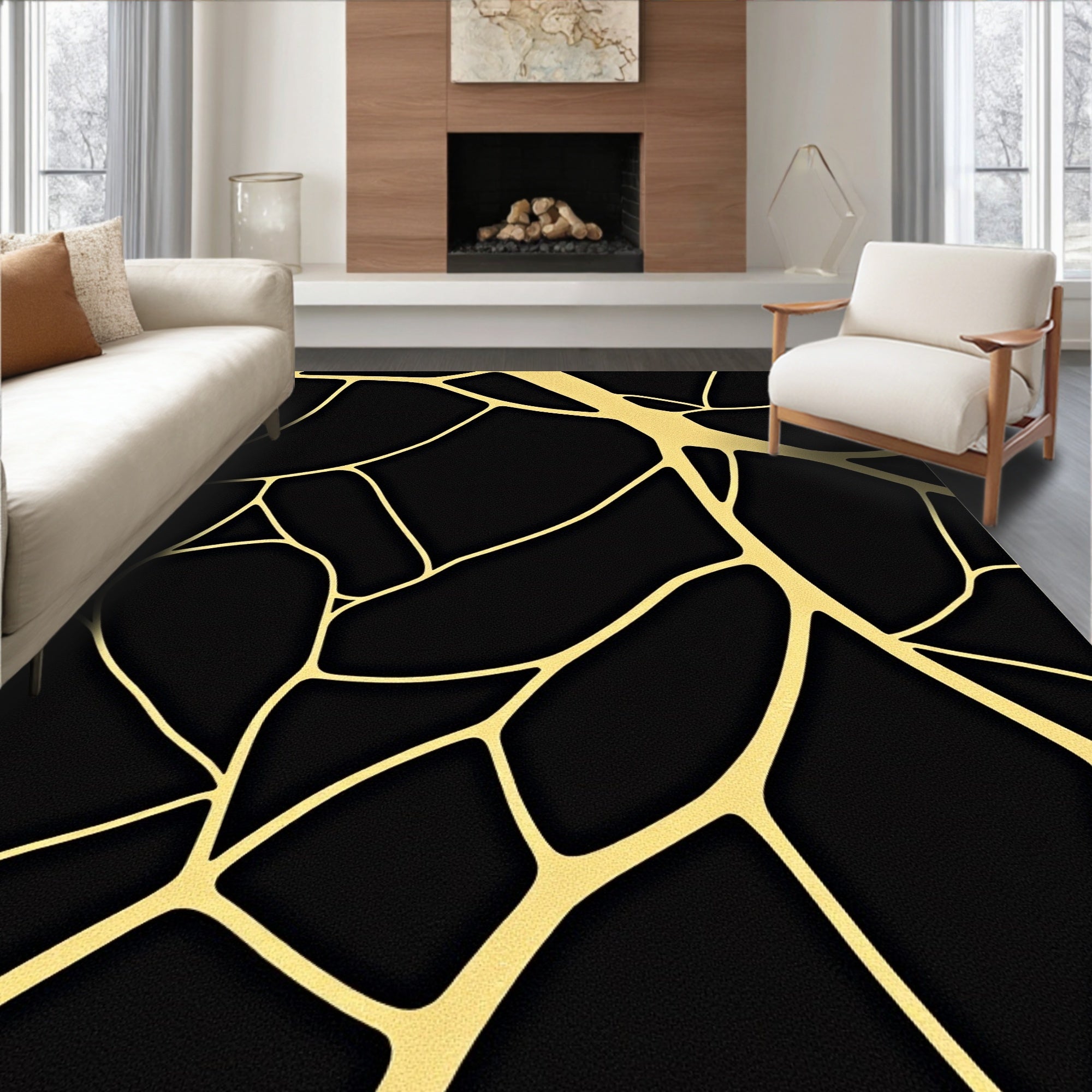 Gold Vein Black Organic Network Rug