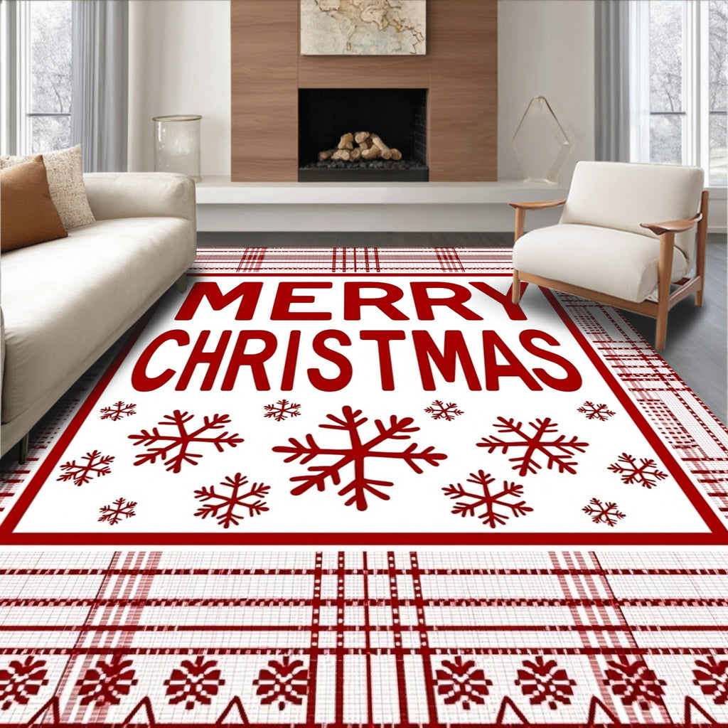 Red Plaid Snowflake Christmas Rug