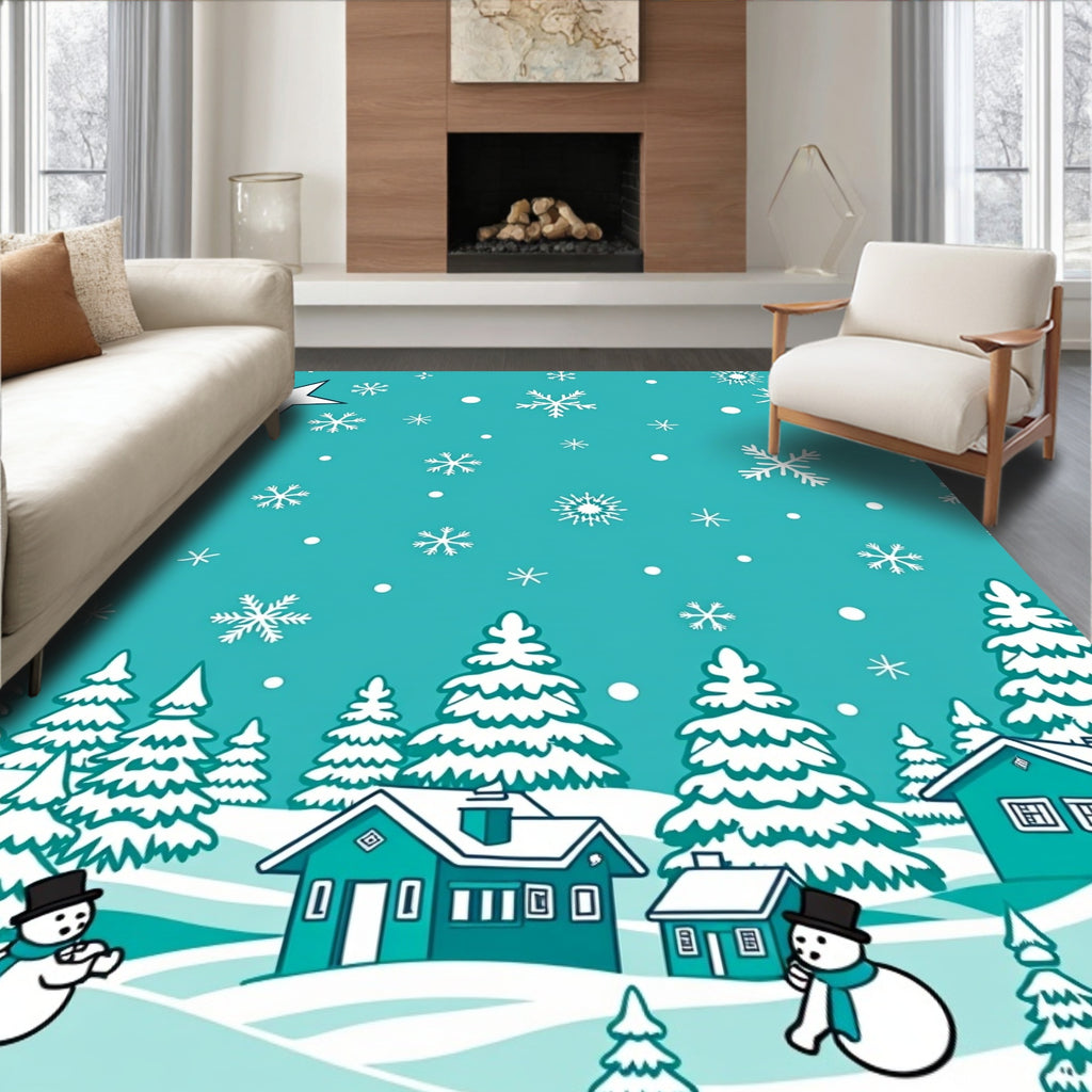 Teal Snowy Starry Winter Village Rug