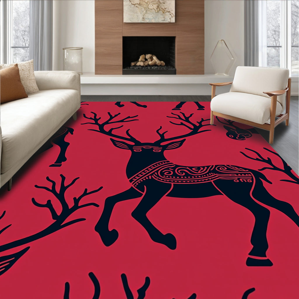 Crimson Red Deer Silhouette Repeating Pattern Rug
