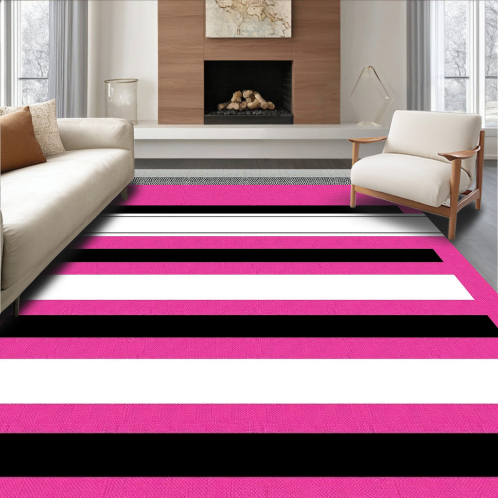 Bold Pink Black White Striped Rug