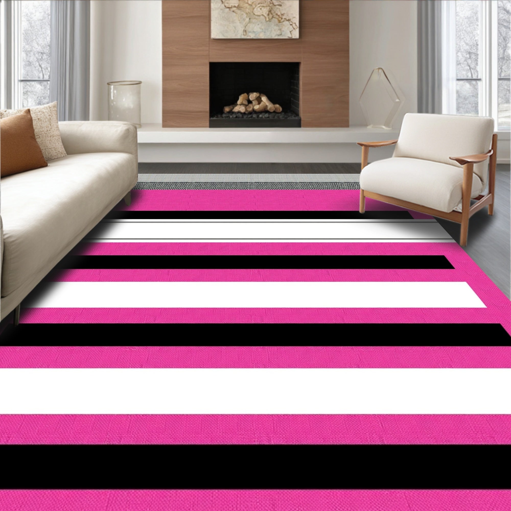 Bold Pink Black White Striped Rug