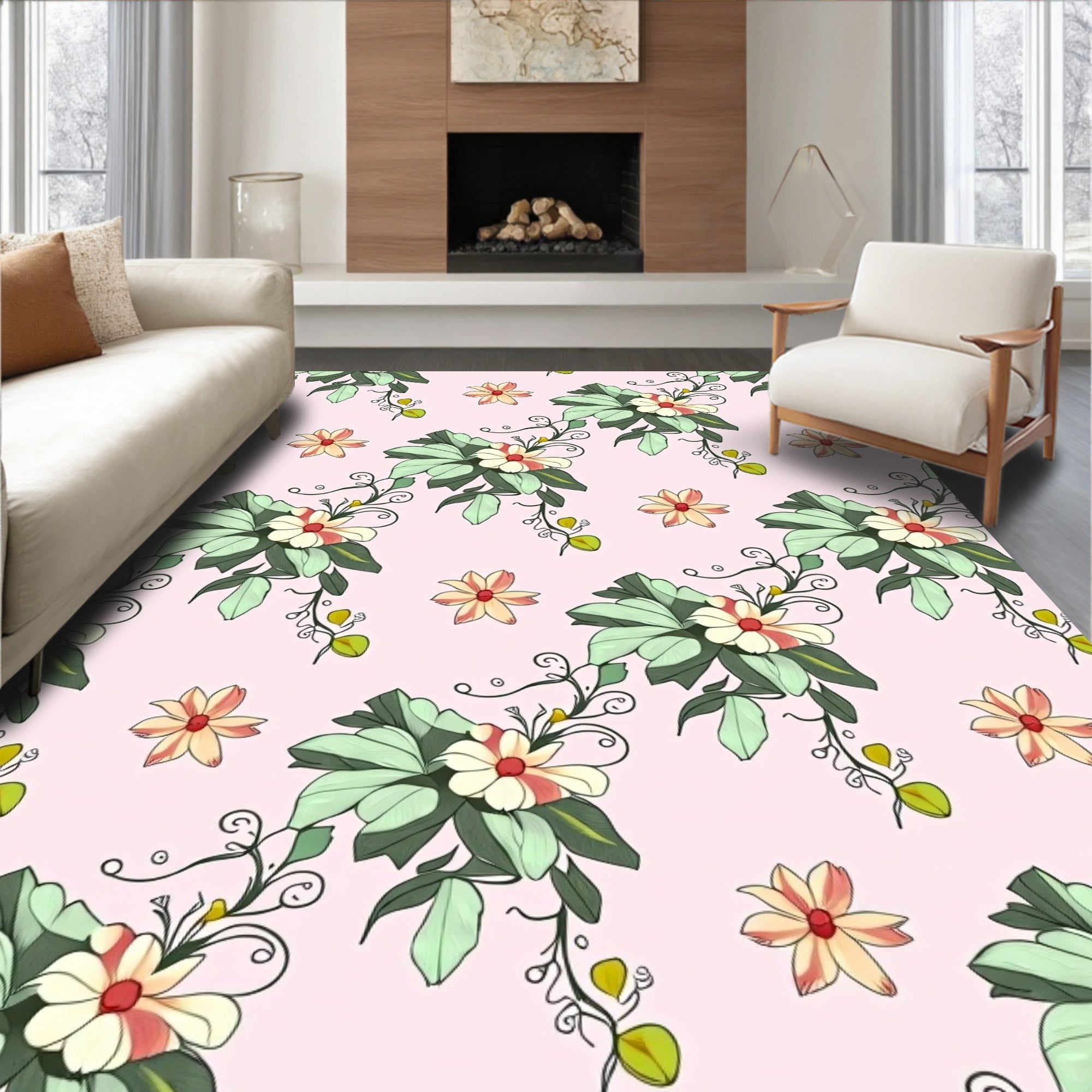 Pale Pink Floral Vine Harmony Rug