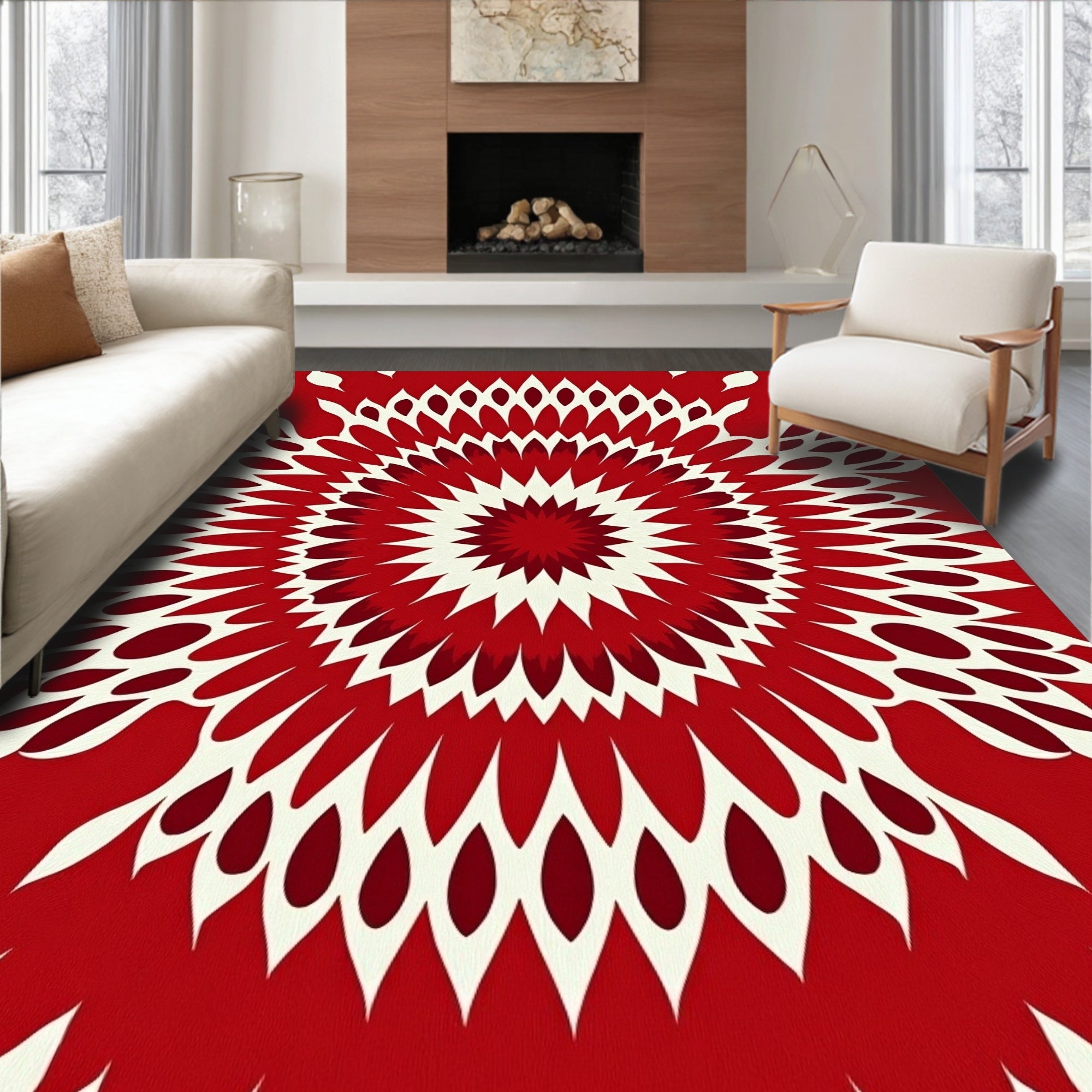 Crimson radial starburst abstract Rug
