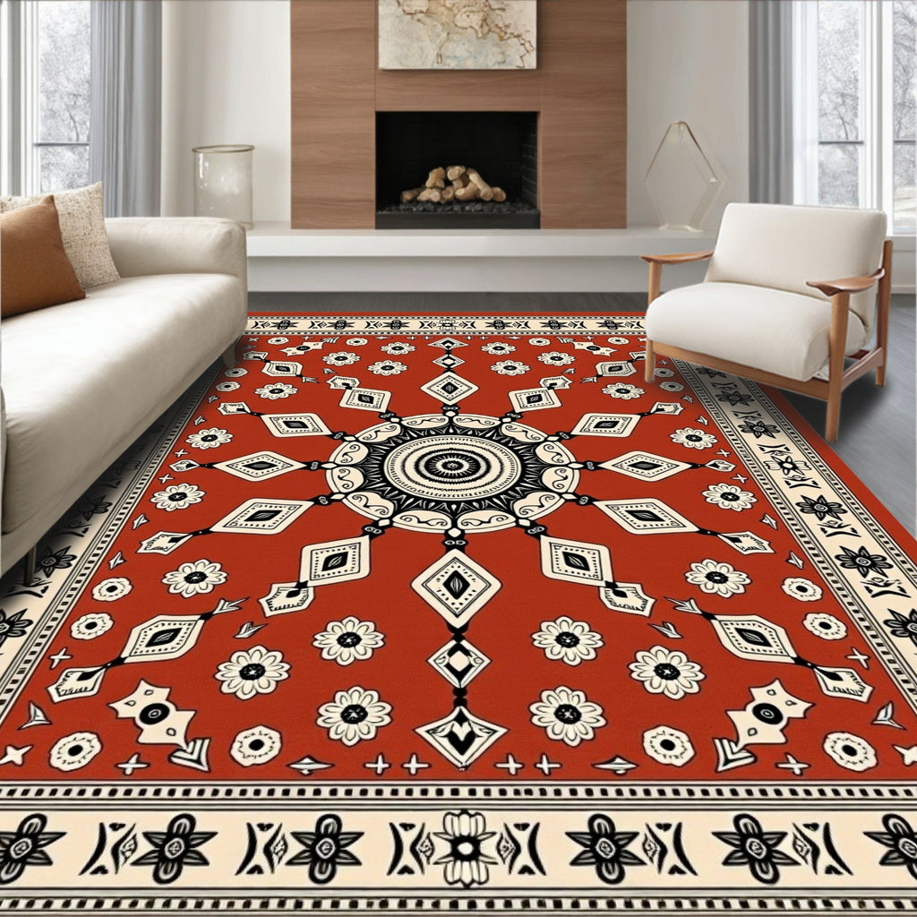Rustic Red Floral Medallion Sunburst Rug
