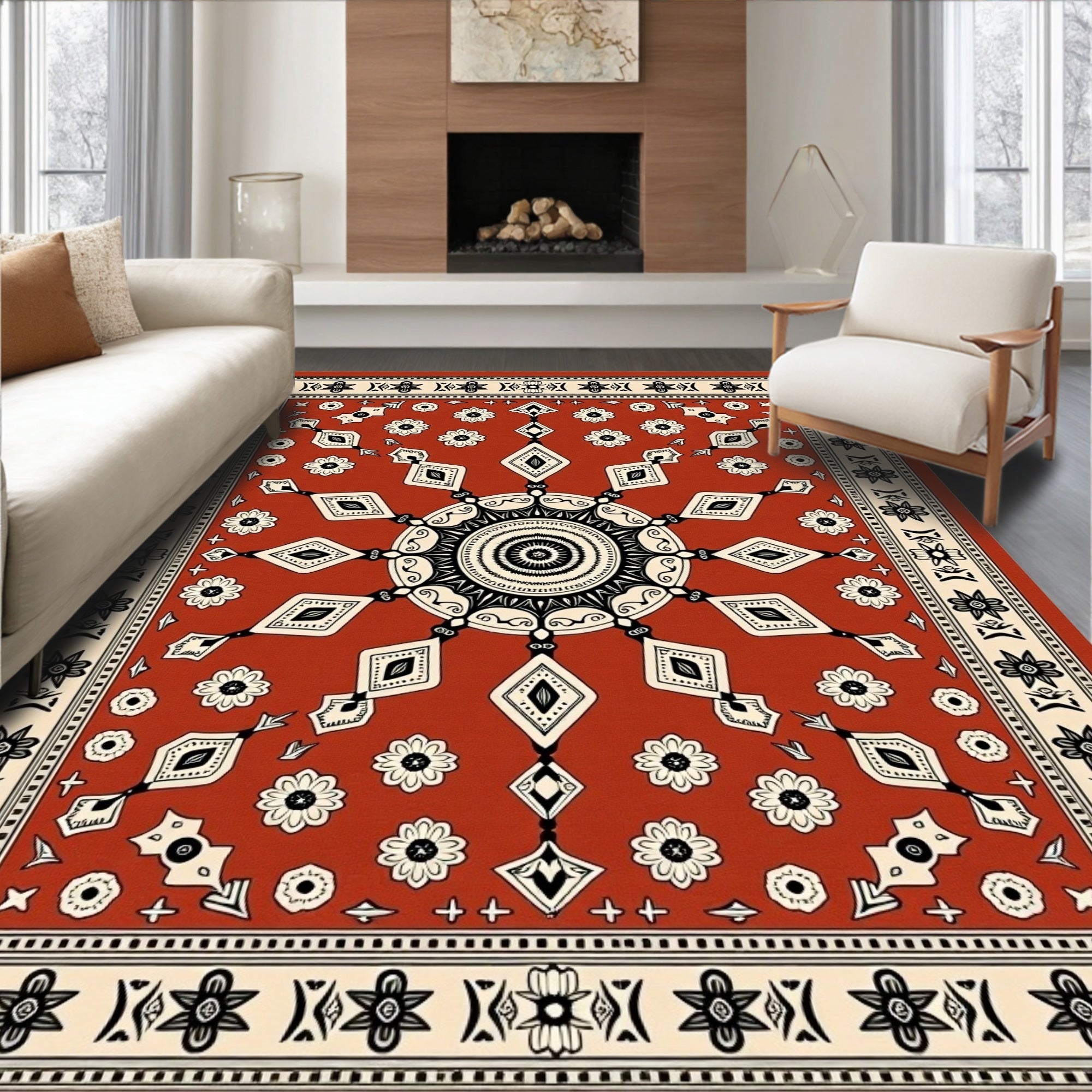 Rustic Red Floral Medallion Sunburst Rug