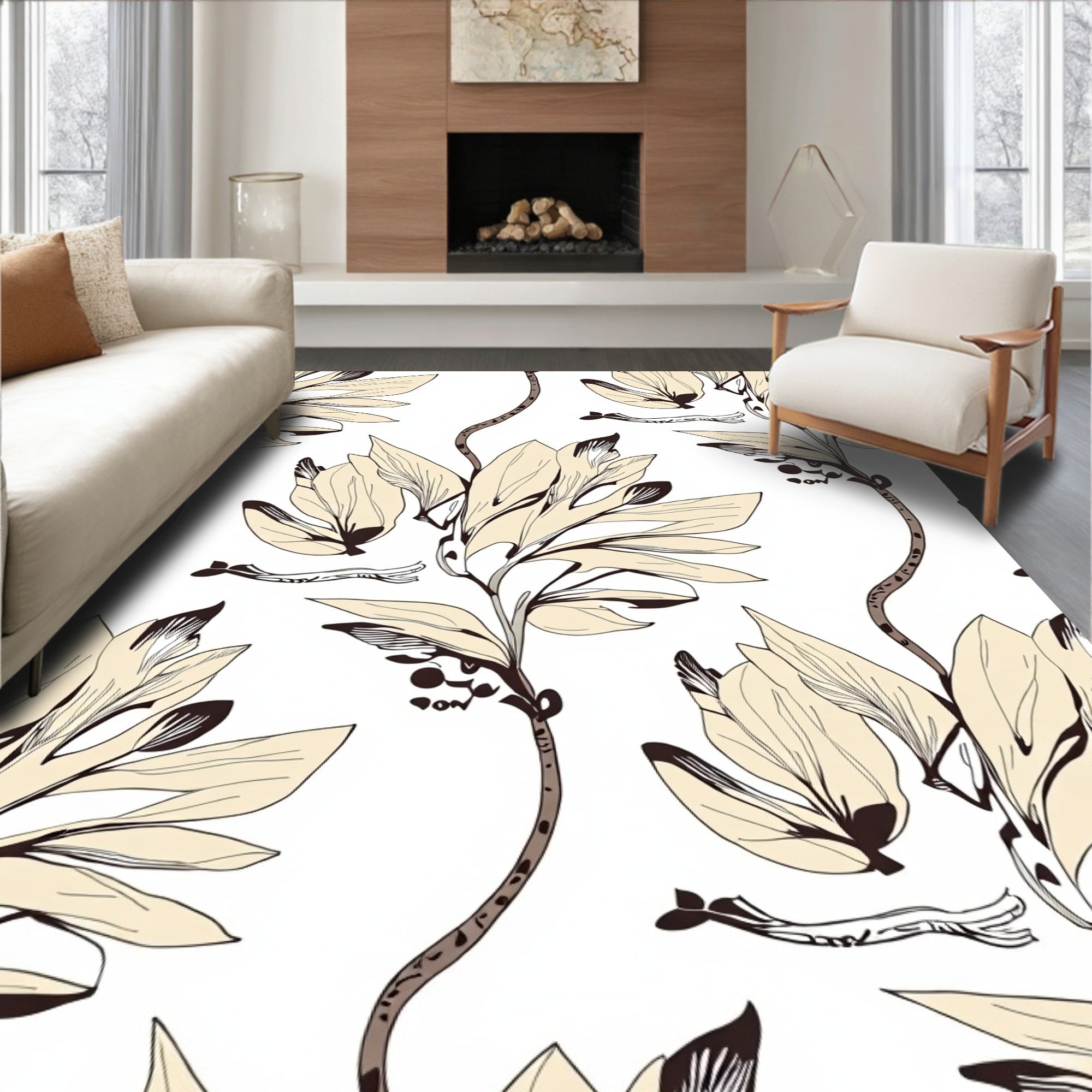 Cream Leafy Branch Art Rug