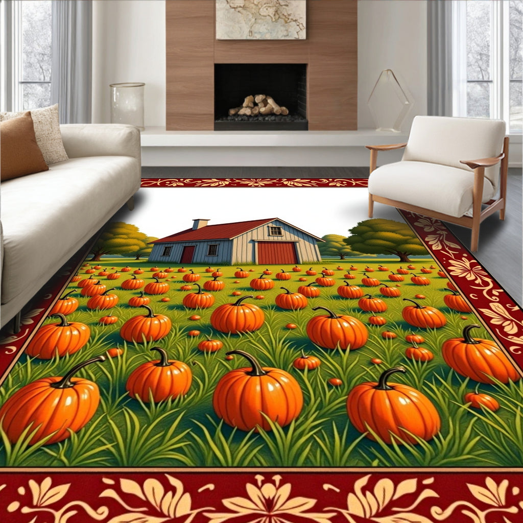 Autumn Pumpkin Patch Barn Scene Rug