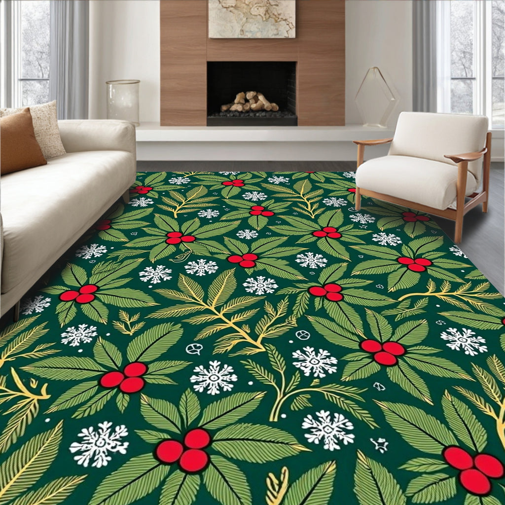 Festive Green Holly Berry Snowflakes Rug