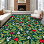 Festive Green Holly Berry Snowflakes Rug