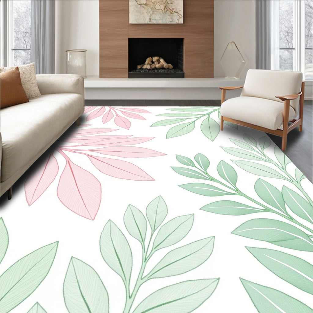 Soft Pink Green Leafy Branches Rug