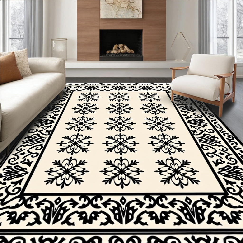 Black Creme Floral Medallion Border Rug