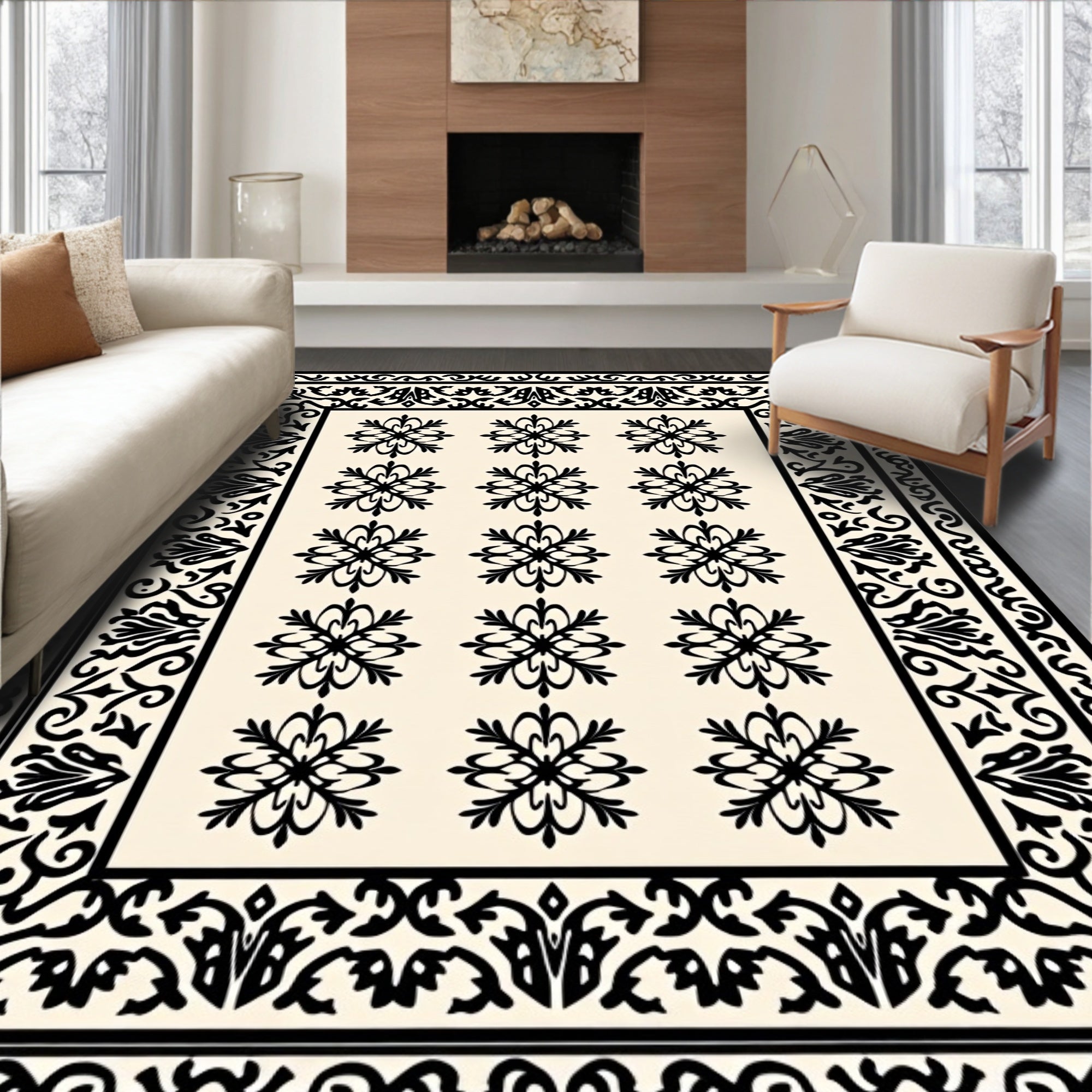 Black Creme Floral Medallion Border Rug