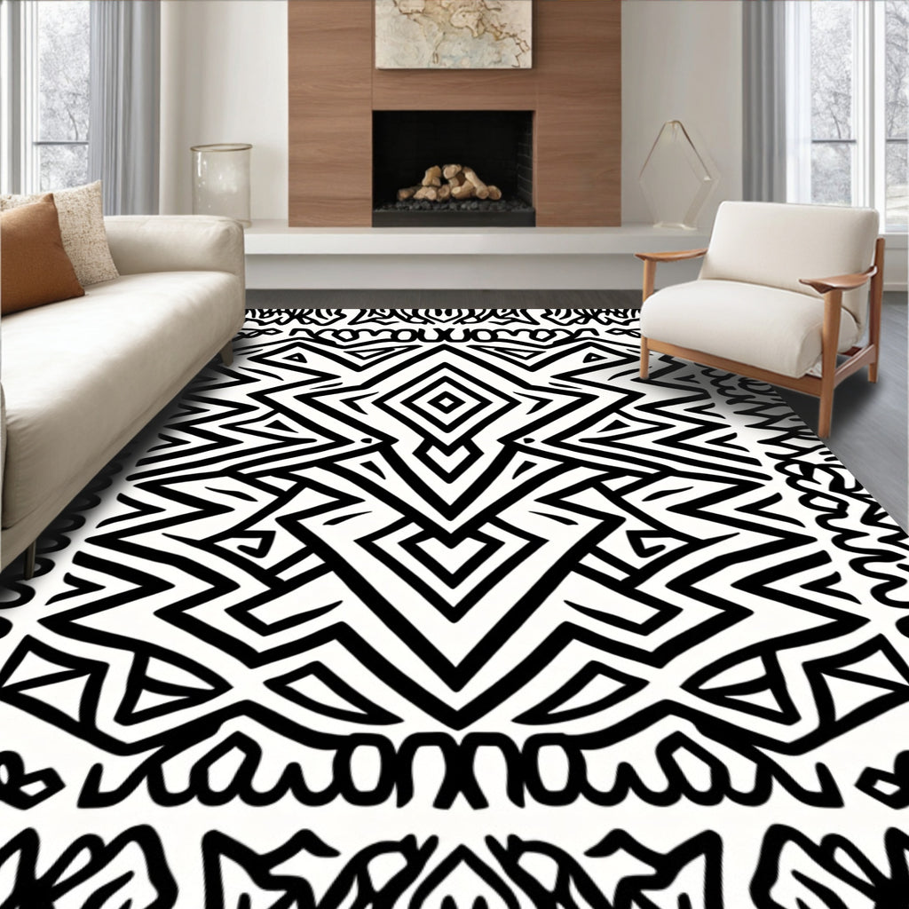 Bold Black Geometric Diamond Tribal Rug