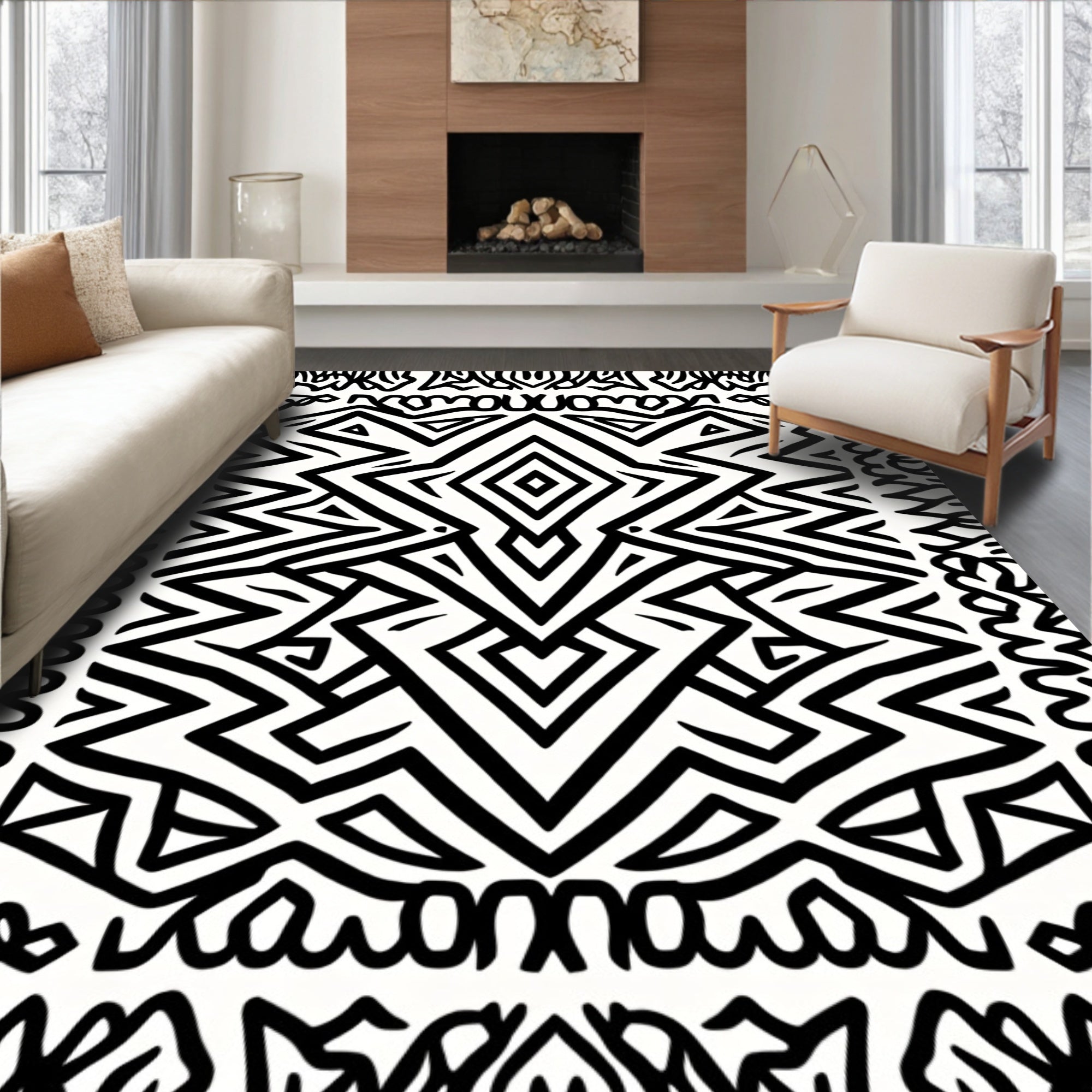 Bold Black Geometric Diamond Tribal Rug