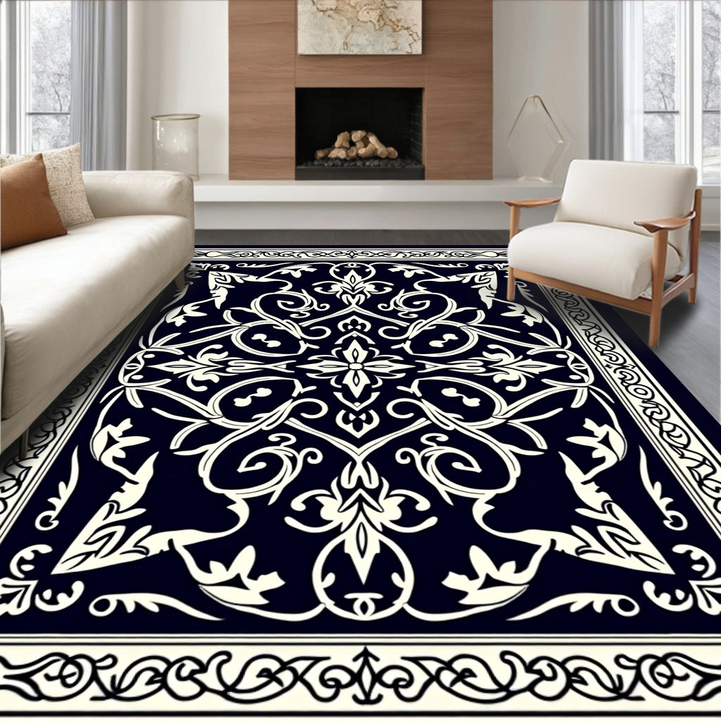 Midnight Ivory Ornate Floral Rug