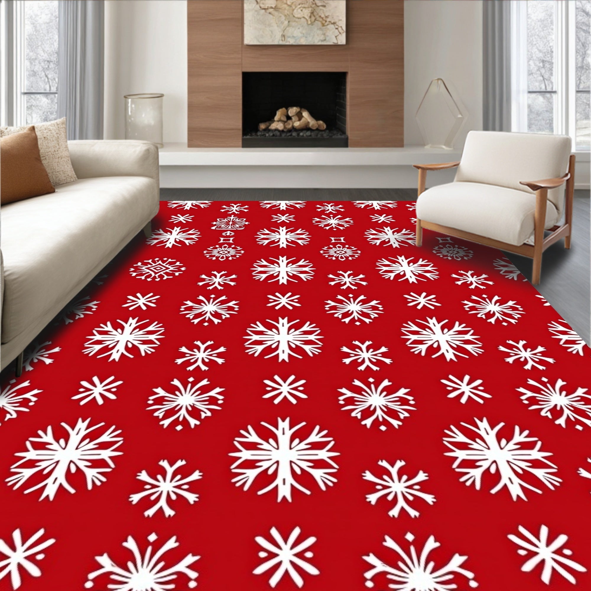 Winter White Snowflakes Red Background Rug