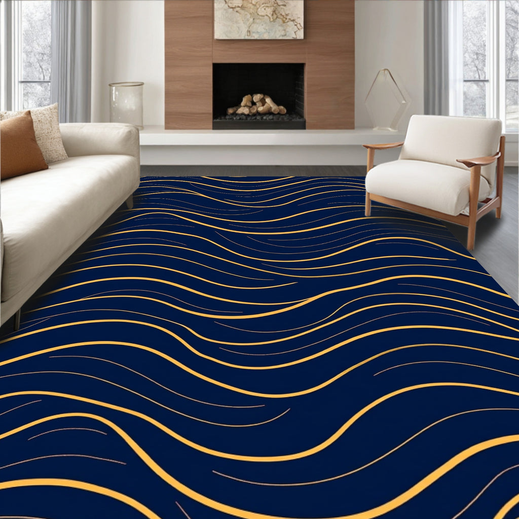 Navy Golden Wavy Lines Rug