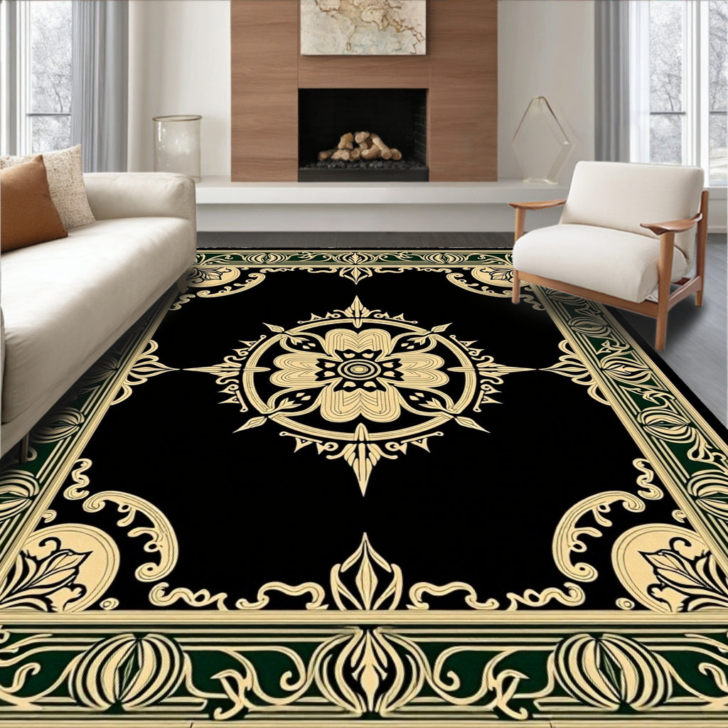 Black Gold Floral Medallion Border Rug