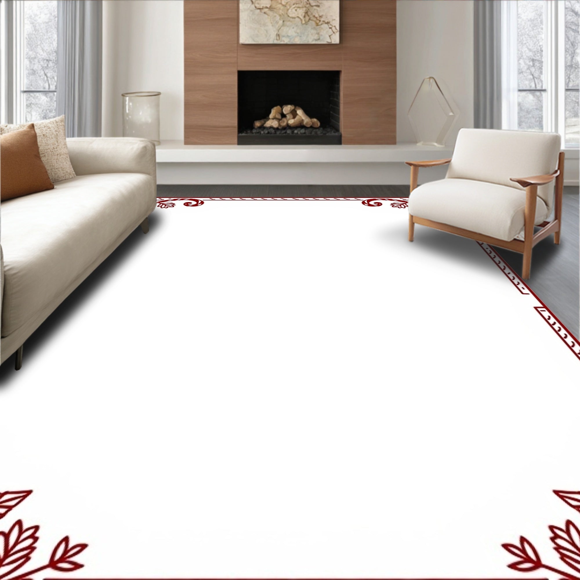 Rustic Red Floral Corner Border Rug
