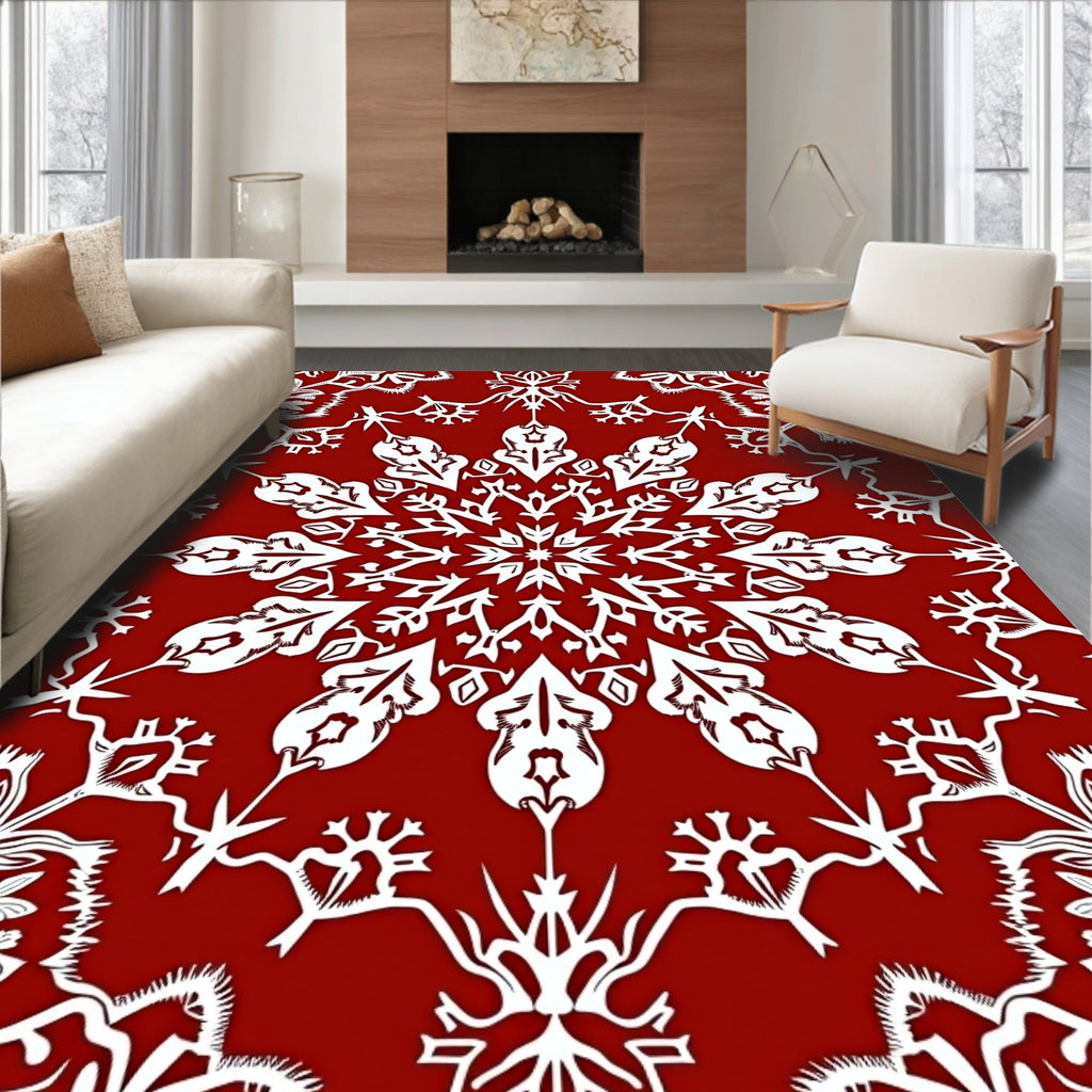 Crimson White Floral Medallion Mandala Rug