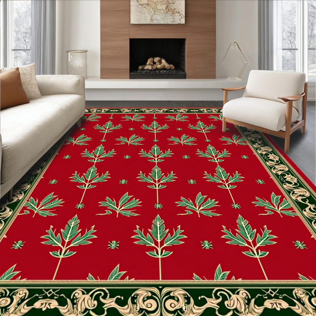 Crimson Green Leaf Ornamental Border Rug