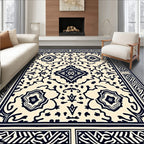 Cream and Navy Traditional Medallion Rectangular Rug